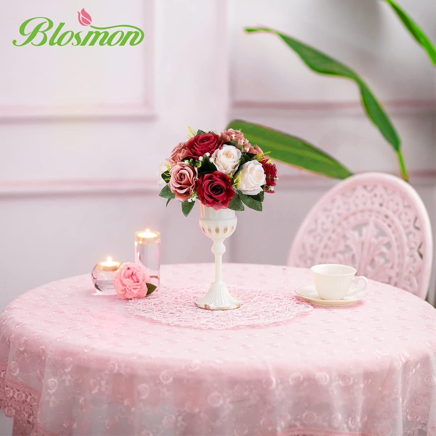 BLOSMON Wedding Flowers Centerpieces for Tables: 10 Pcs Burgundy & Dusty Rose & Creamy White Fake Roses Kissing Balls Decoration - Artificial Silk Floral Arrangements for Home Party DIY Decor