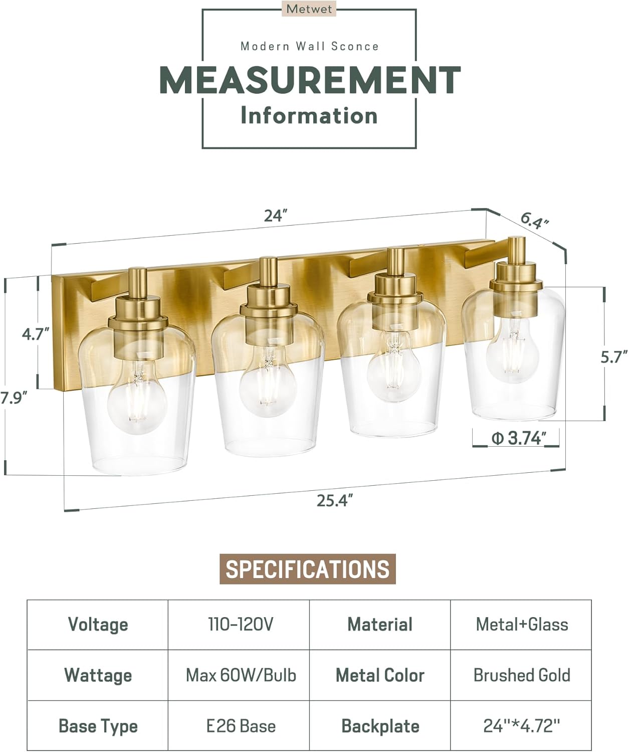 Bathroom Light Fixtures, 4-Light Modern Vanity Light with Clear Glass Wine Glass-Shaped Shade, Vanity Lighting Fixtures Over Mirror, Brushed Gold, VL155-BG-4