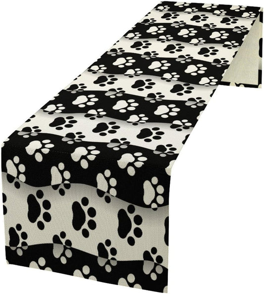 Dog Paw Table Runner,Kid Cute Animal Footprint Black White Theme Design Print Tablecloth Burlap for Hotel Indoors Outdoor Dining Room Kitchen Home Decor,W13X L108 in
