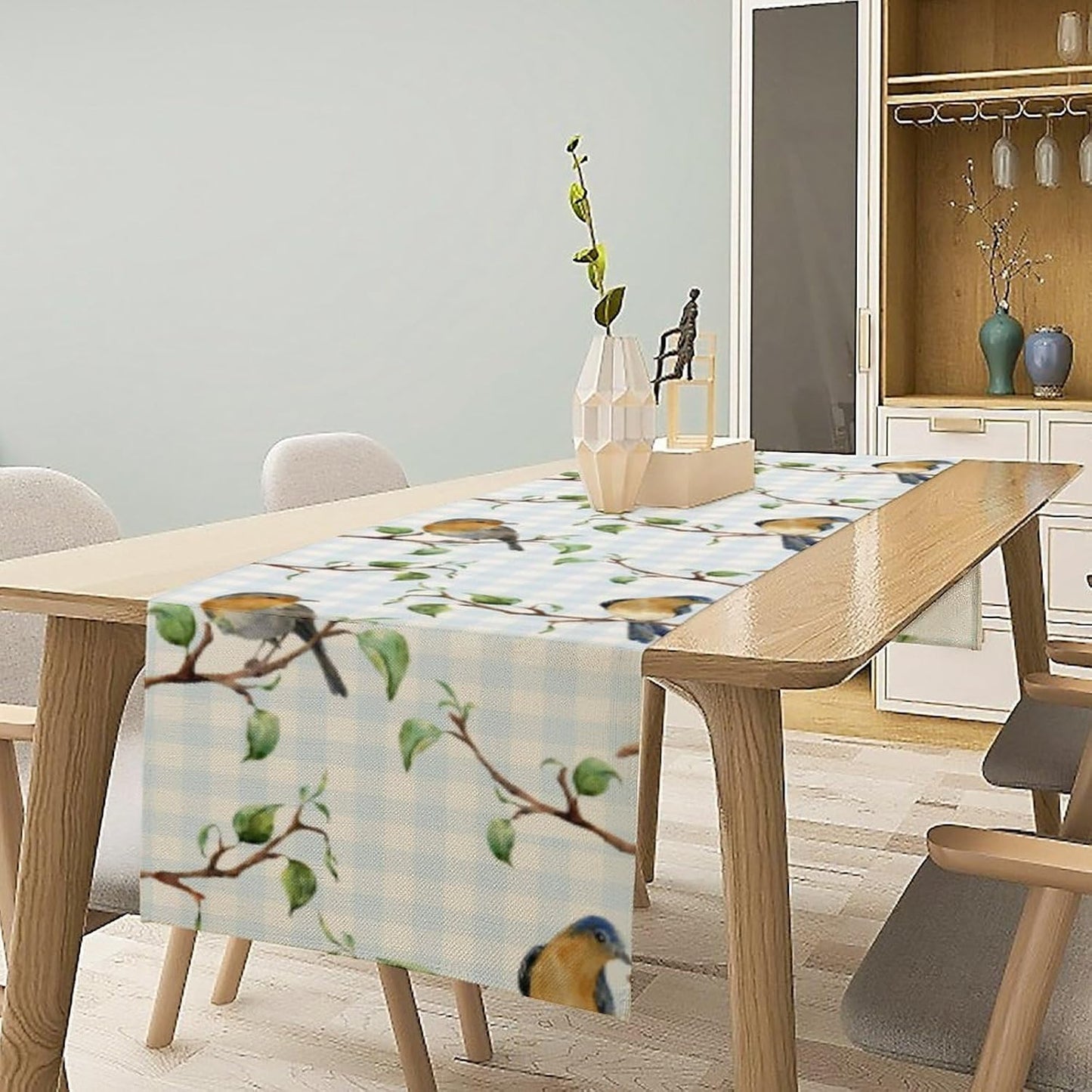 Bird Table Runner,Spring Birds Tree Blue Plaid Print Table Runner for Kitchen Dining Table Decoration Home Party Decor 13x70 Inch