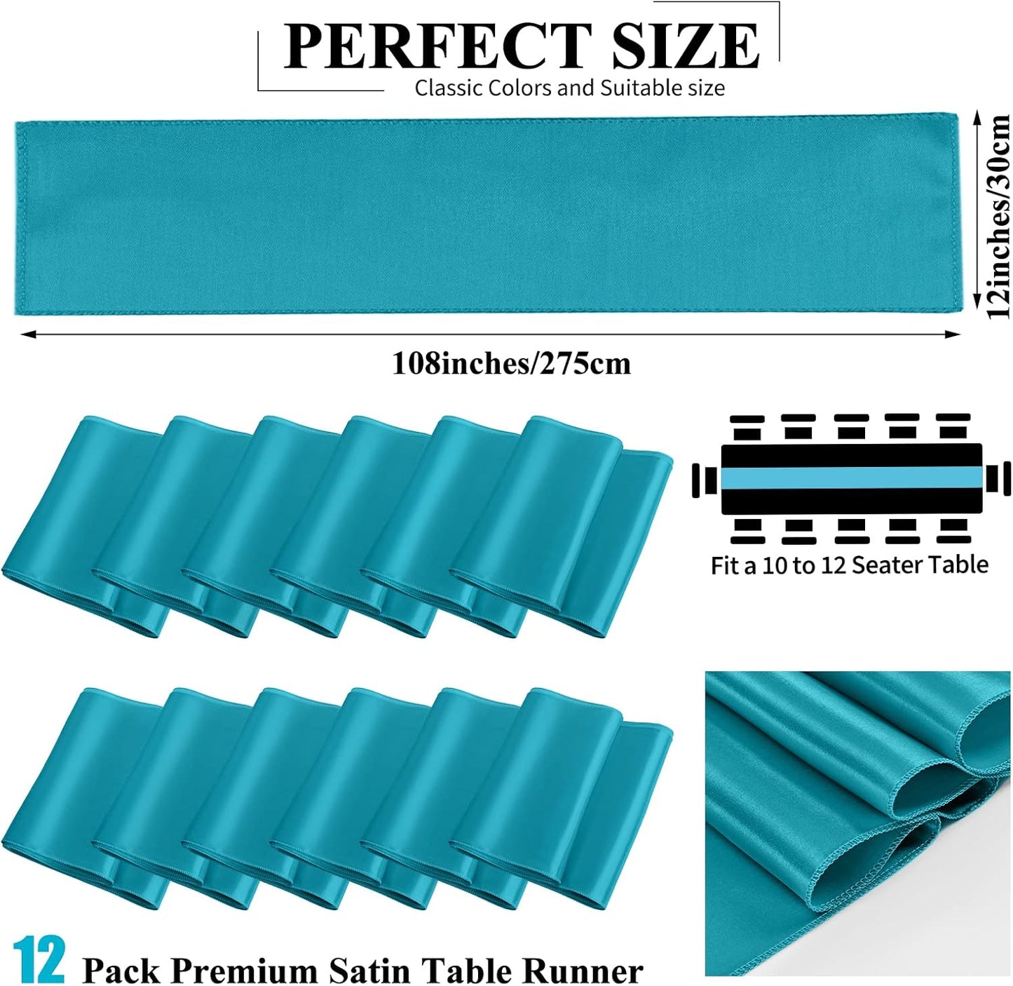 12 Pack Turquoise Satin Table Runner,12 x 108 inch Long Premium Smooth Table Runner for Wedding, Banquets, Birthday, Party,Graduation,Engagements,Table Runners fit Rectangle and Round Table