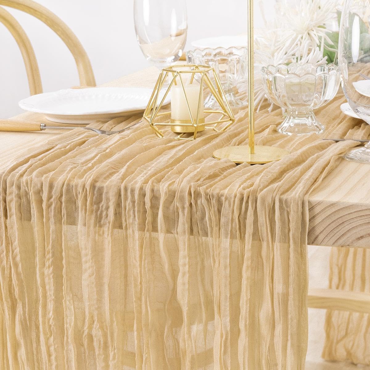 MLMW 4 Pack Champagne Gold Table Runner Cheesecloth Boho Gauze Rustic Cheese Cloth 160 inch Sheer Wedding Table Runner 13.3ft for Thanksgiving Party Baby Bridal Shower Birthday