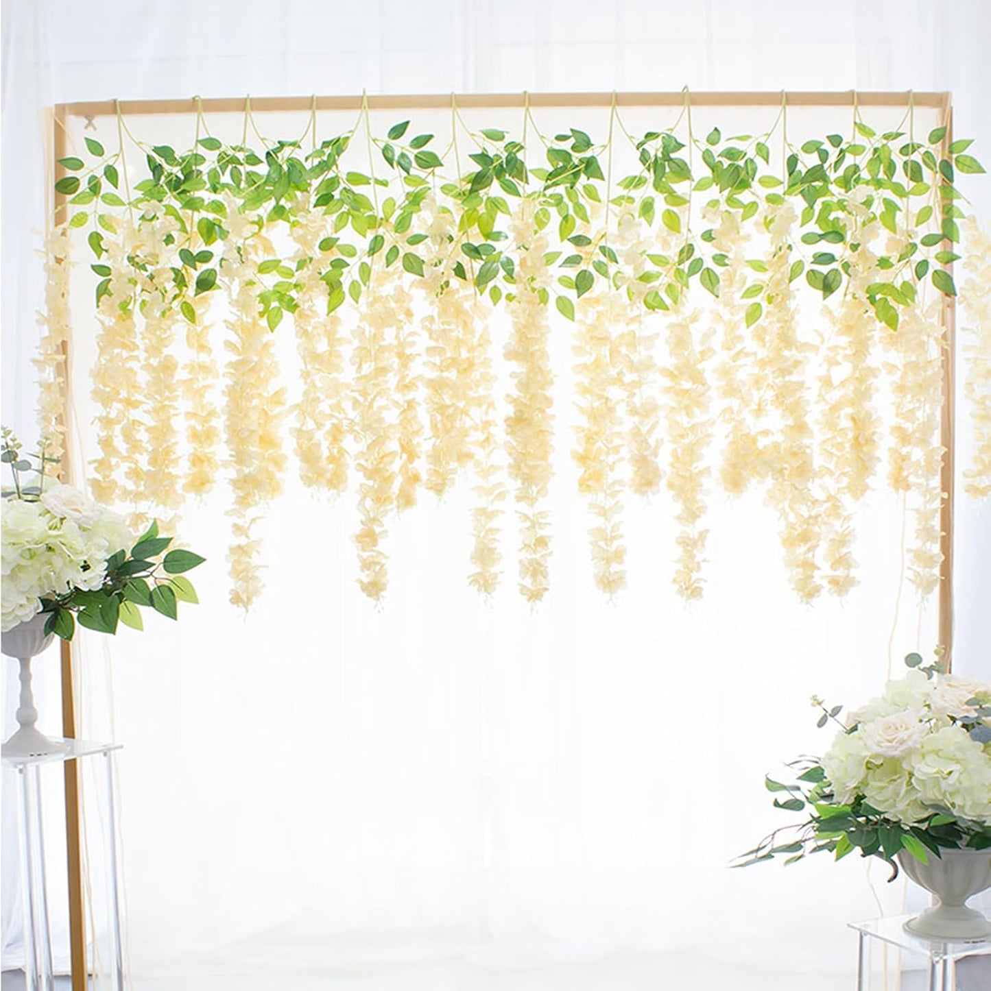 12 Pack Champagne Wisteria Hanging Flowers Garland, 3.77 Feet Artificial Flower Vines, Fake Wisteria, Artificial Vines Hanging Garland for Backdrop Outdoor Yard Garden Decor