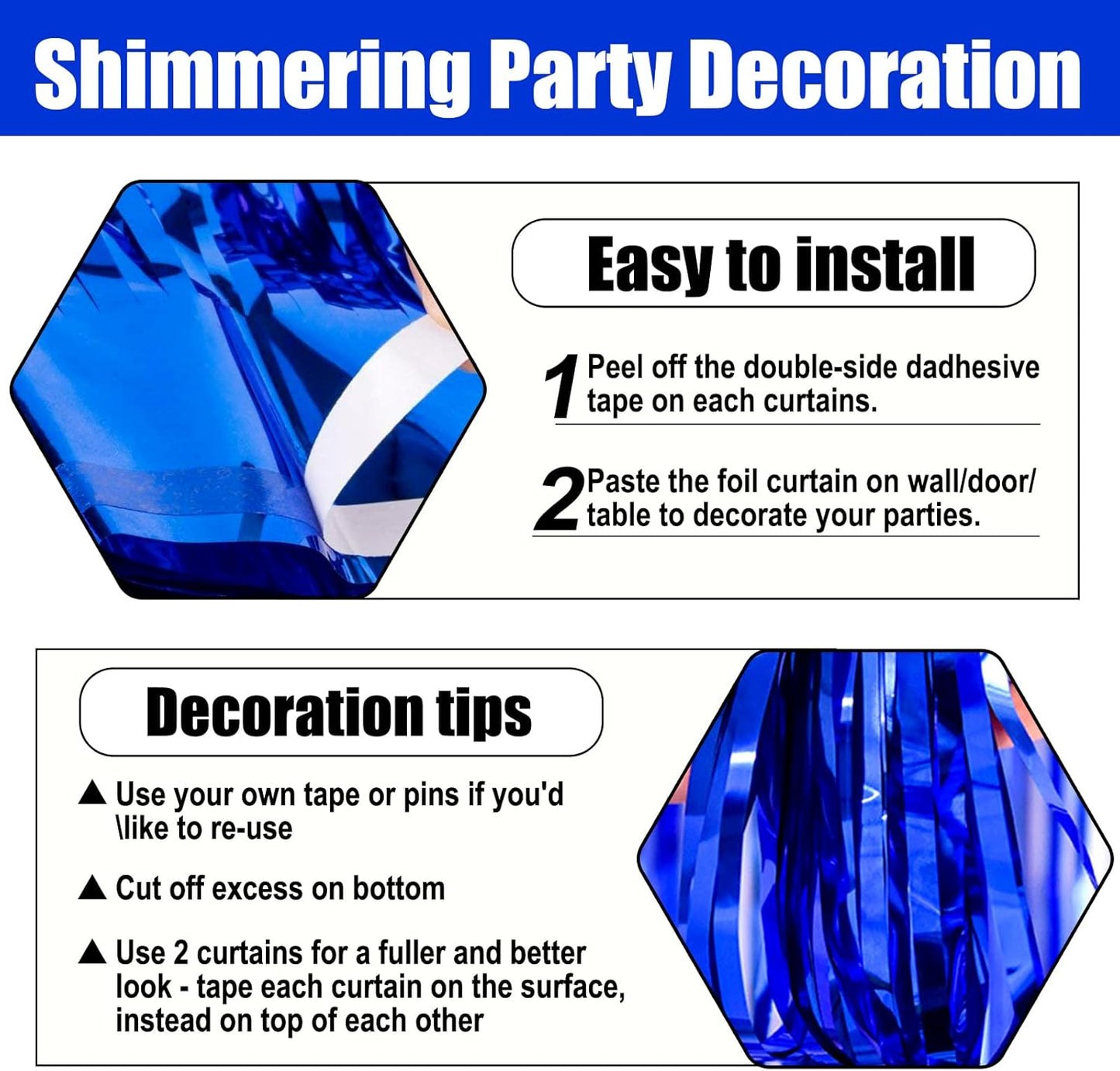 3 Pack Blue Foil Fringe Curtain Backdrop, 3.28Ft x 8.2Ft Metallic Tinsel Foil Fringe Streamer Curtains for Photo Booth, Christmas Day, Thanksgiving, Wedding, New Year Party Decorations