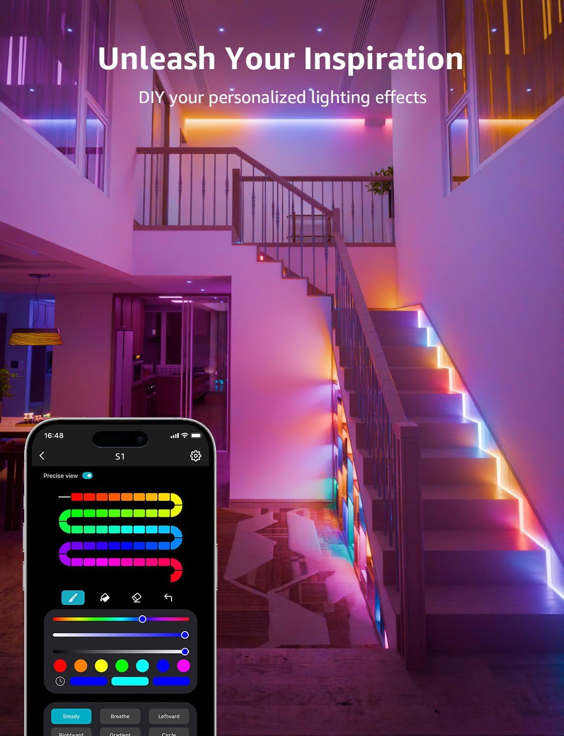 Lepro S1 AI LED Strip Lights for Bedroom - 65.6ft Smart RGB Light Strips with IC and Rainbow Chasing Effects, Color Segment DIY, AI Generated Lighting, No Remote, 2.4G Wi-Fi & Bluetooth