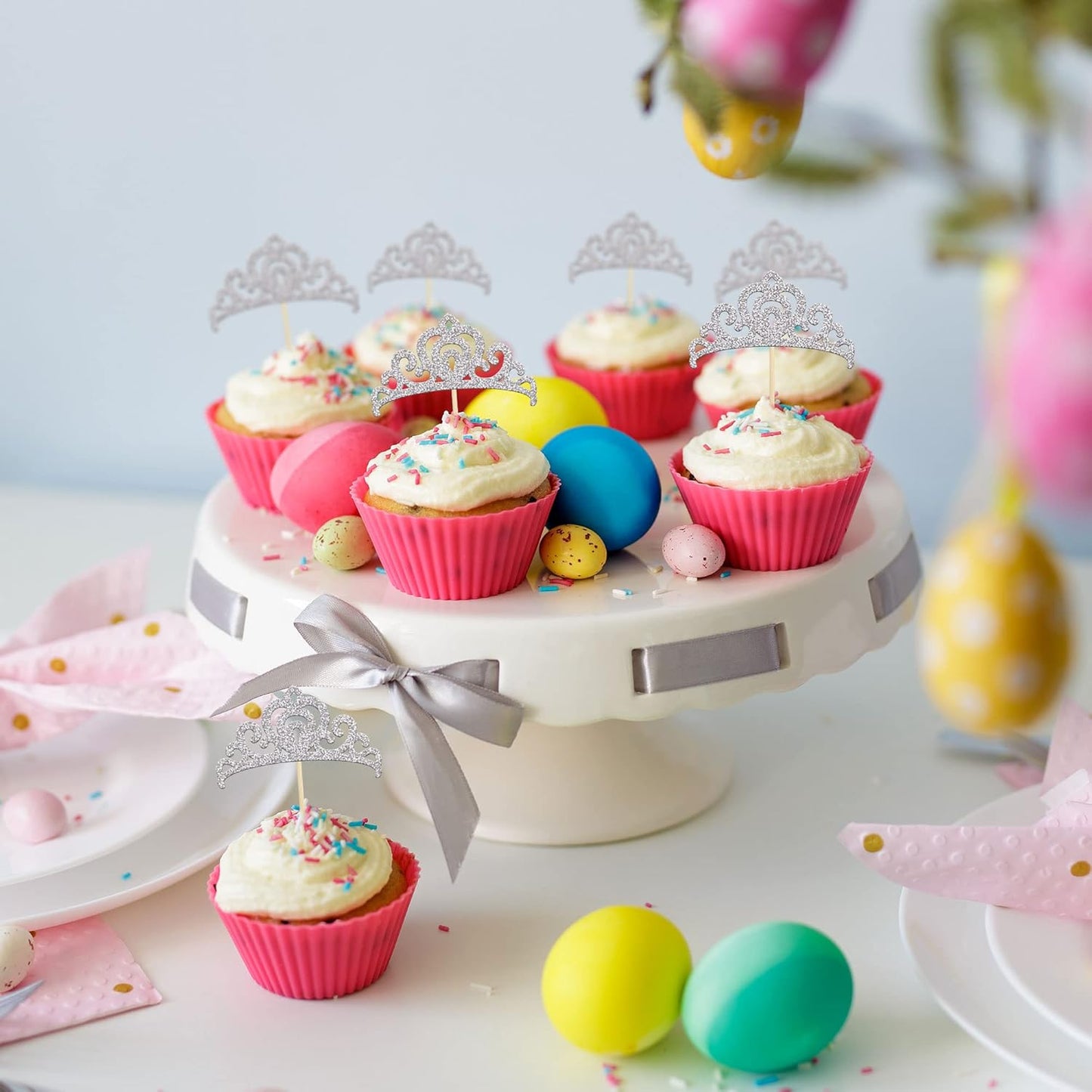 Gyufise 24Pcs Silver Princess Crown Cupcake Toppers Glitter Princess Cake Pick Decorations for Wedding Girl Birthday Baby Shower Party Decorations