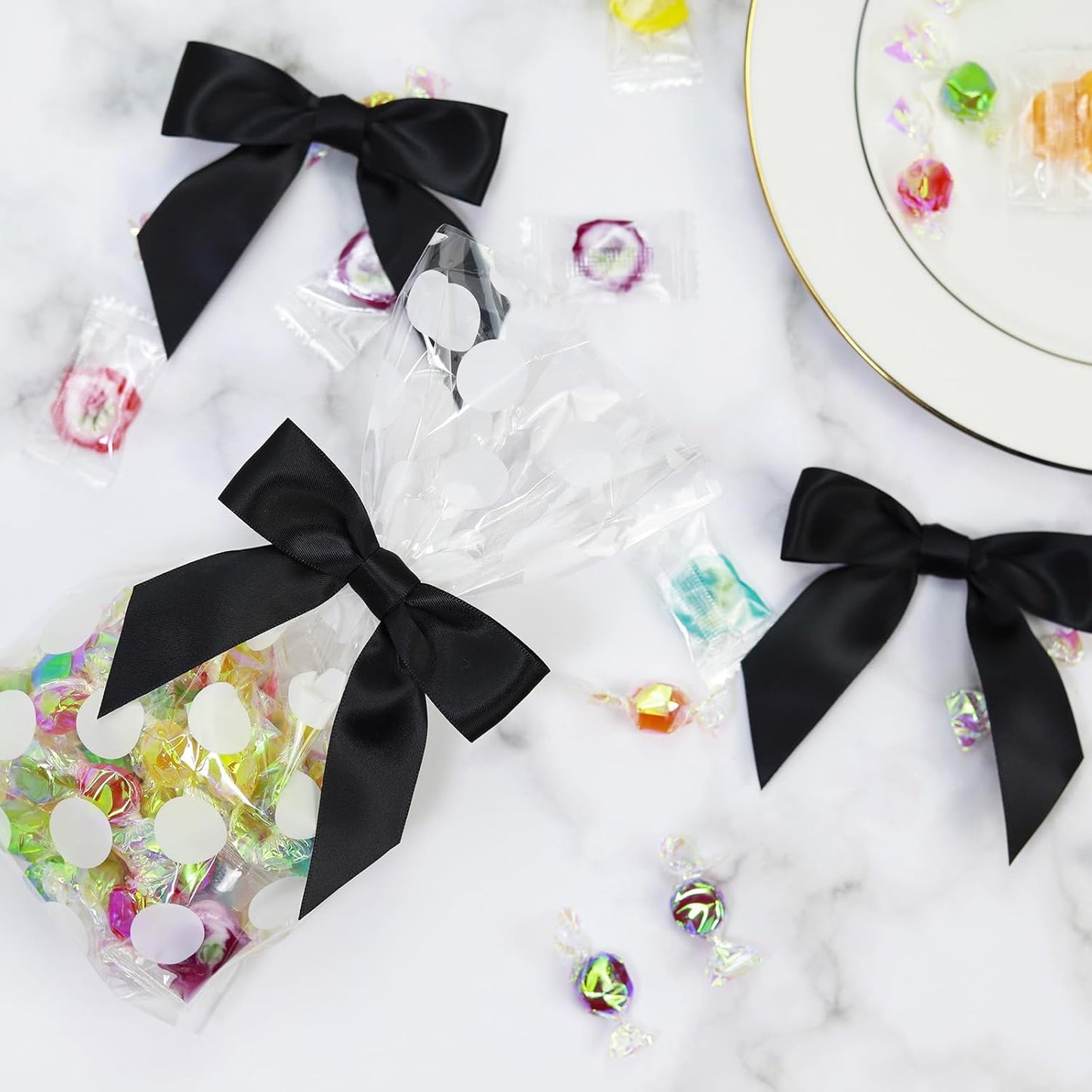 114 Pack Twist Tie Bows for Treat Bags 3" Black Satin Ribbon Bows for Package Craft, Gift Wrapping Decoration, Candy Bags, Bakery Bags, Wedding, Baptism, Tableware Decor Party Decoration