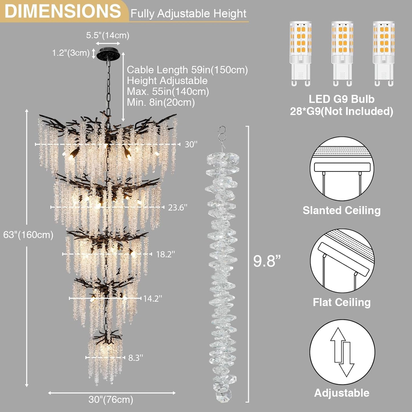 118'' Black Branch High Ceiling Chandelier, 28-Light Modern Long Tree Chandeliers, 3CCT Dimmable, Large Luxury Foyer Chandelier, Raindrop K9 Crystals Fixtures for Staircase, Entryway, Living Room