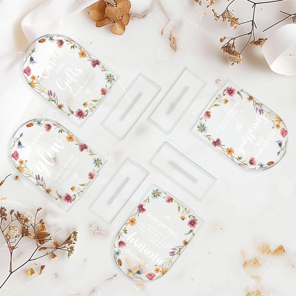 4 Pcs Acrylic Wedding Signs for Reception, Bridal Shower Decorations, Cards and Gifts Signs, Guest Book Sign, Arch Acrylic Table Top Sign with Holder for Wedding Reception (Clear Wildflowers)