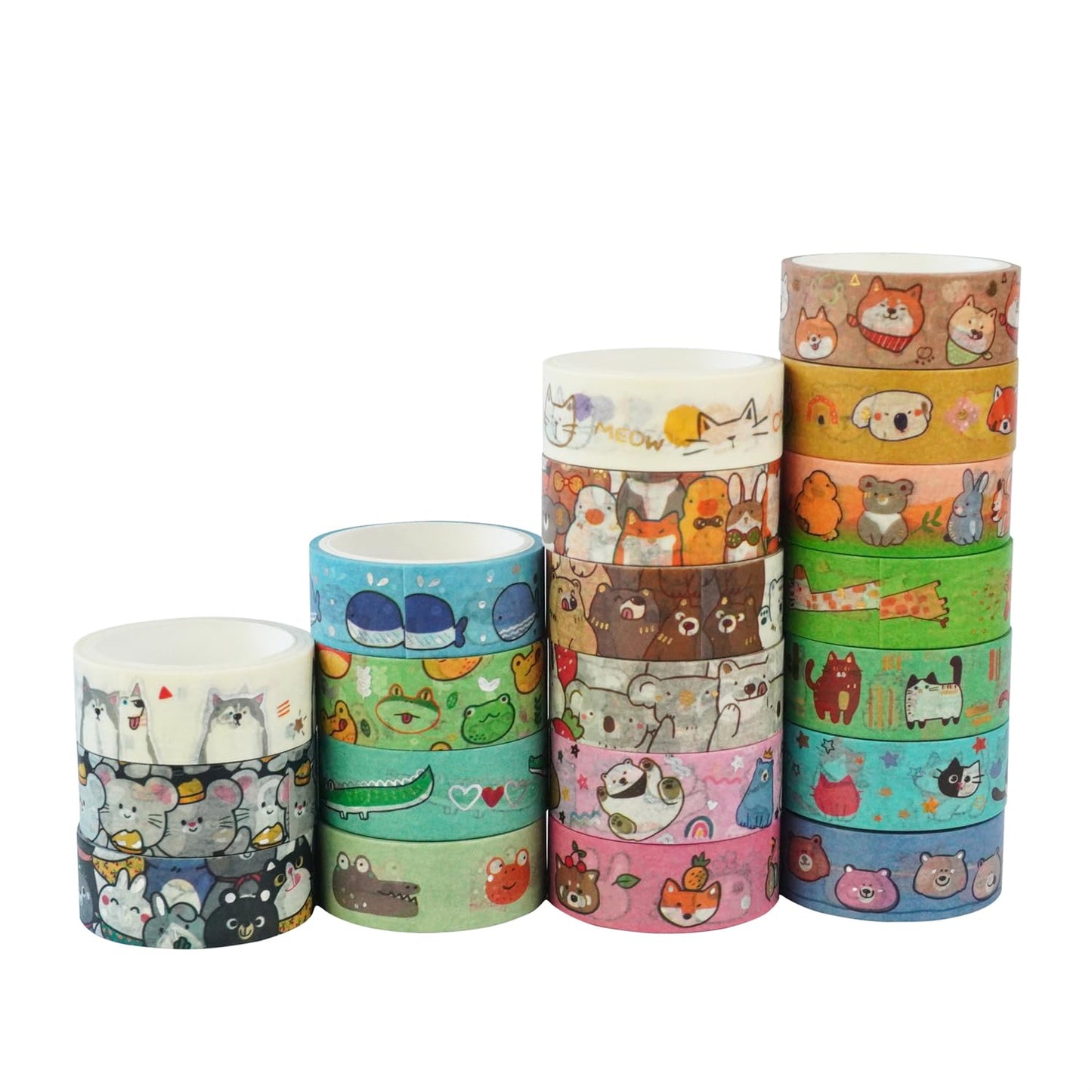 20 Rolls Cute Animals Washi Tape Set, Gold Silver Foil Cartoon Pets Decorative Tape for Bullet Journal, Planner, DIY Arts Crafts, Scrapbooking, Holiday Decoration