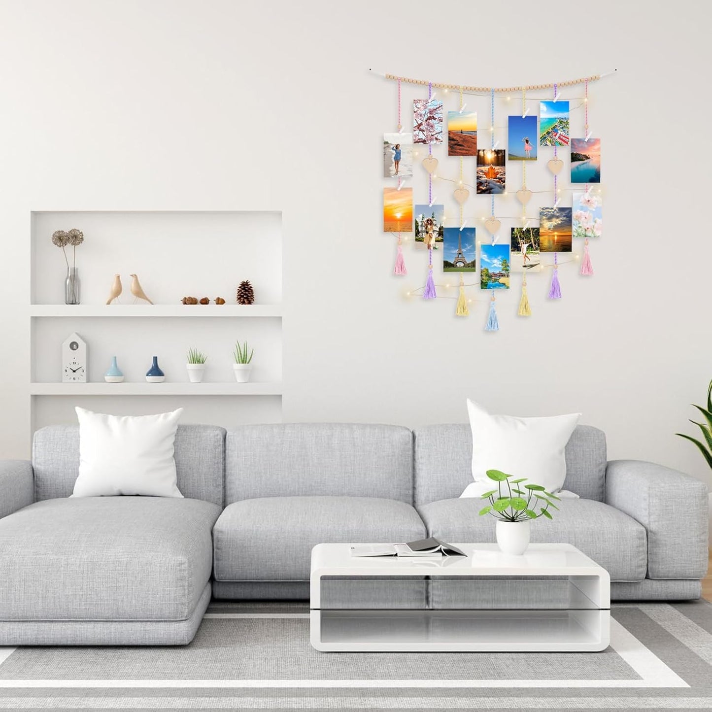 Boho Macrame Wall Decor with Hanging Photo Display and Fairy Lights 14 Wood Clips Picture Frame Holder for Teen Girl Gifts Bedroom Dorm Decor Christmas Birthday Party Art Hanging Decor