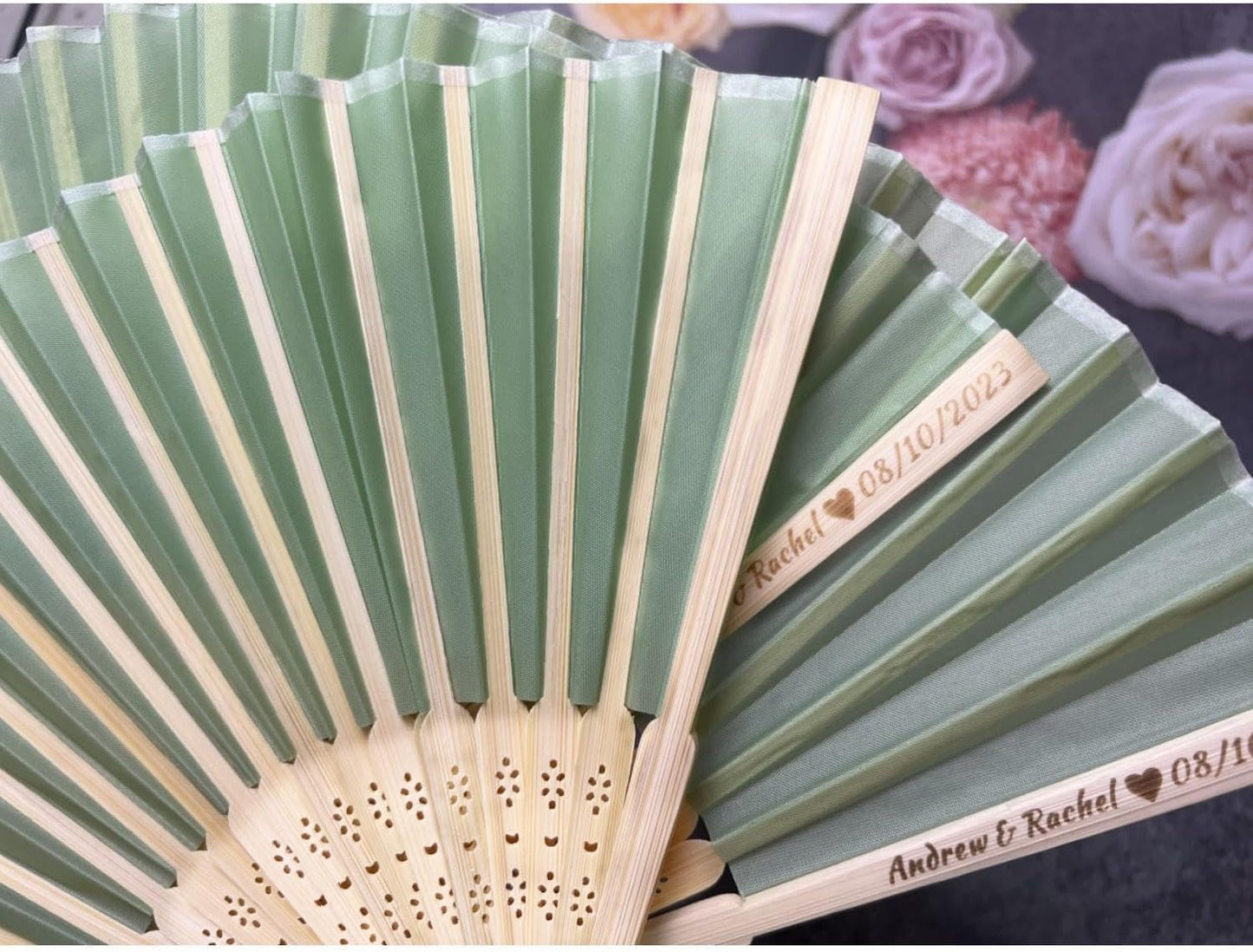 Personalized Wedding Fans Handheld Folding Fans (15Pcs) - Custom Engraved Green Silk Fans for Bridal Shower Favor/Baby Shower Favor, Birthdays Party Gifts/Gifts for Party Guests