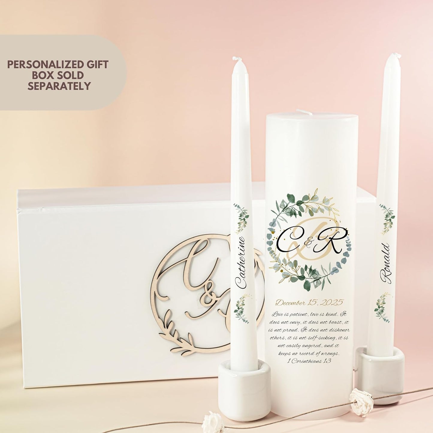 Unity Candles for Wedding, Modern Unity Set, Custom and Personalized Pillar and Taper Candles with Bible Quote, Unscented White Premium Wax, Religious and Wedding Ceremony, Special Events (Zinnia)