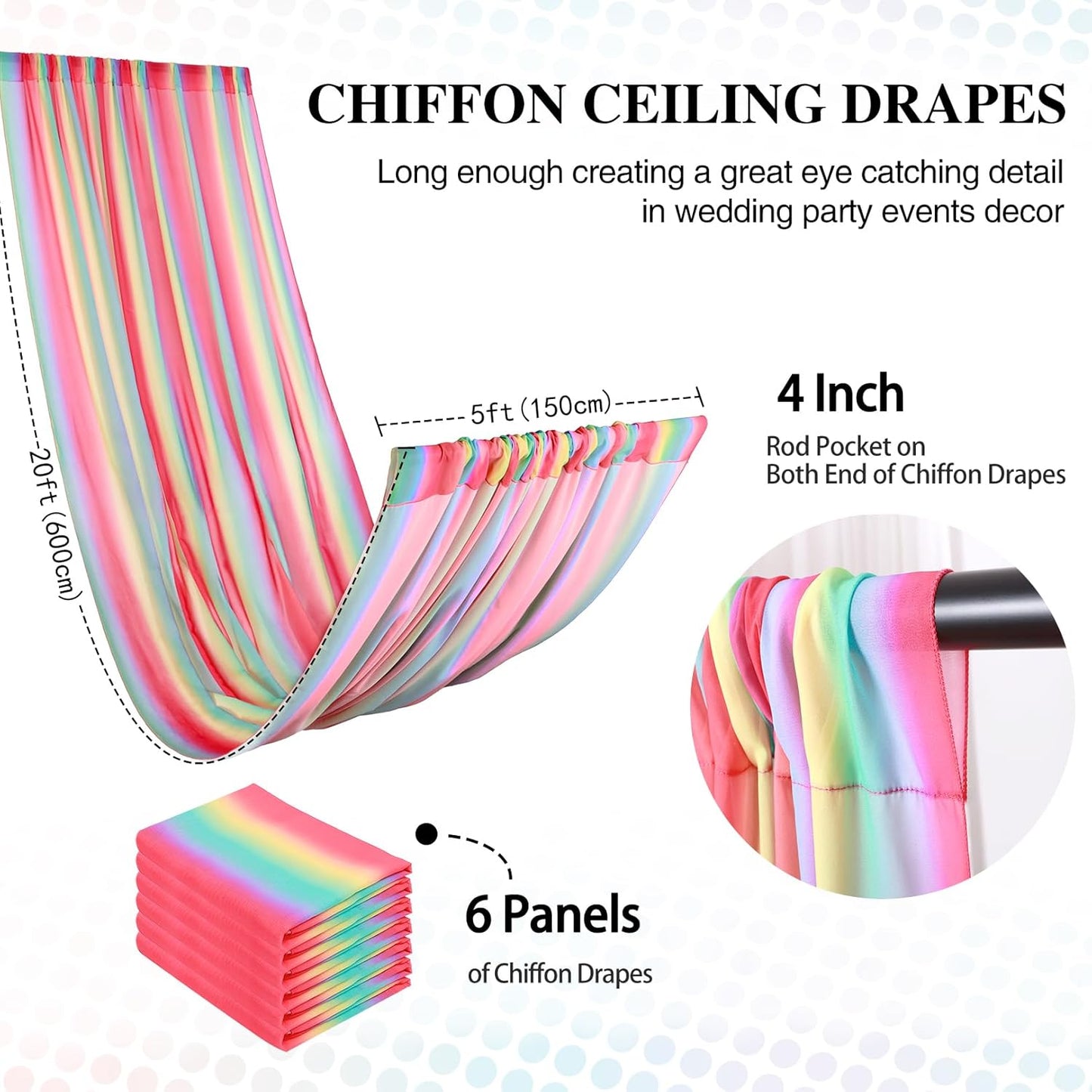 DUOBAO Rainbow Chiffon Ceiling Drapes 59''x20FT 6 Panels Sheer Arch Draping Fabric for Event Party Supplie, Baby Shower Photo Booth Background Supplies, Colorful Backdrop
