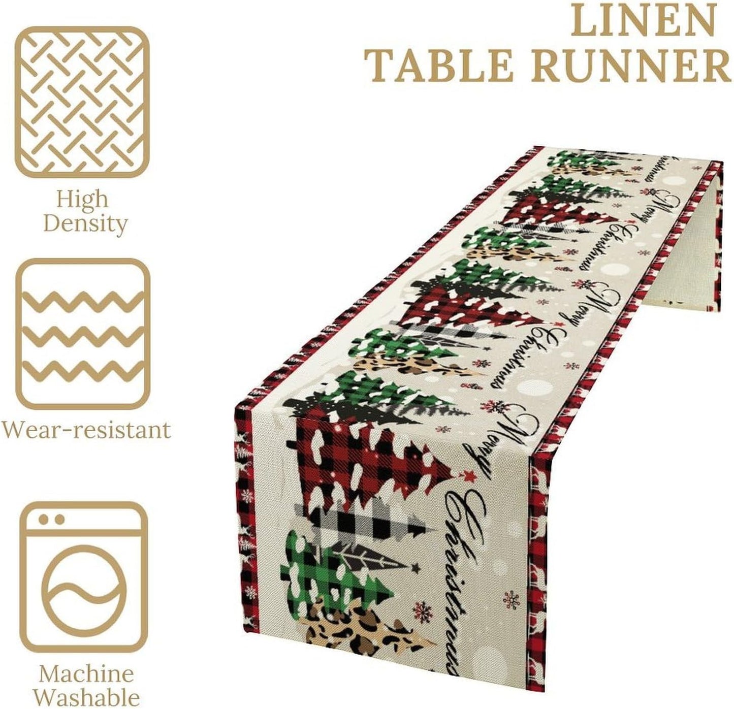 Christmas Tree Table Runner,Farmhouse Xmas Trees Buffalo Plaid Winter Snowflake Tablecloth Burlap for Hotel Indoors Outdoor Dining Room Kitchen Home Decor,W13X L60 in