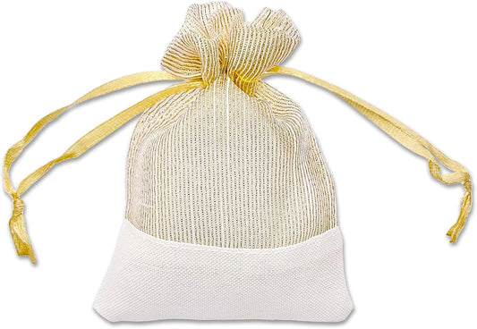 TheDisplayGuys For Your Modern Living 24-Pack Linen & Gold Organza Gift Bags with Drawstrings (XSmall 3 x 4) - Party Favors, Samples, Treats Mesh Pouches