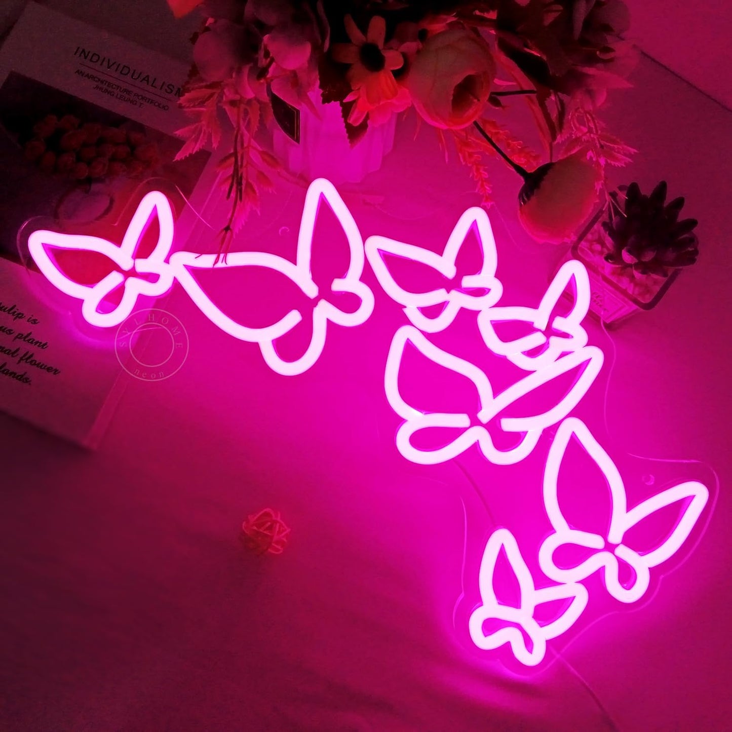 SYLHOME Pink Butterfly Led Neon Light Sign Girls Bedroom Kids Room Beauty Studio Living Room Wedding Birthday Christmas Party Light Up Sign 16.5" X 8.9" USB