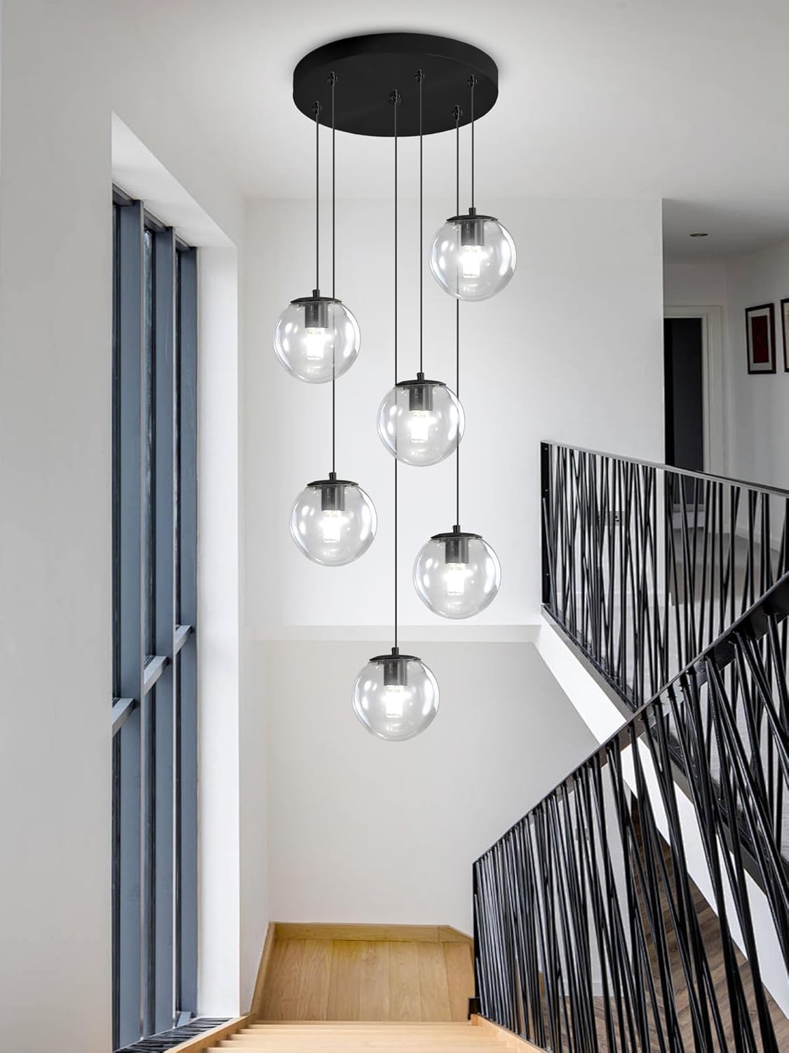 H 87in Modern Glass Globe Chandelier 6-Lights Glass Pendant Light for Staircase Black Globe Chandelier Clear Glass Hanging Lighting for Living Room Bedroom Entryway