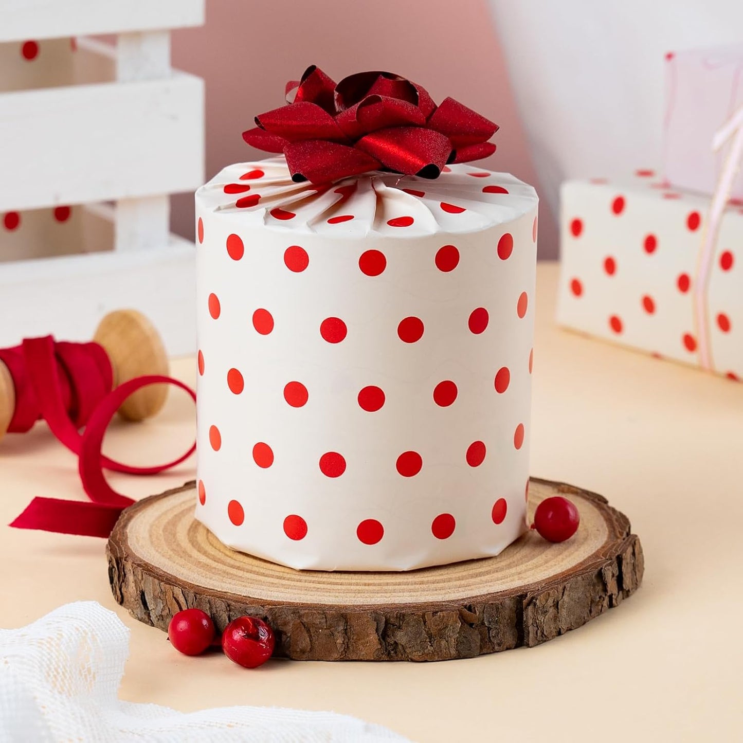 Flyhill Polka Dot Wrapping Paper,Reversible Pink Beige Elegant Heart & Bow Gift Wrap Suitable for Birthday,Girls,Baby Shower,Wedding (17 Inch X 32.8 Feet)