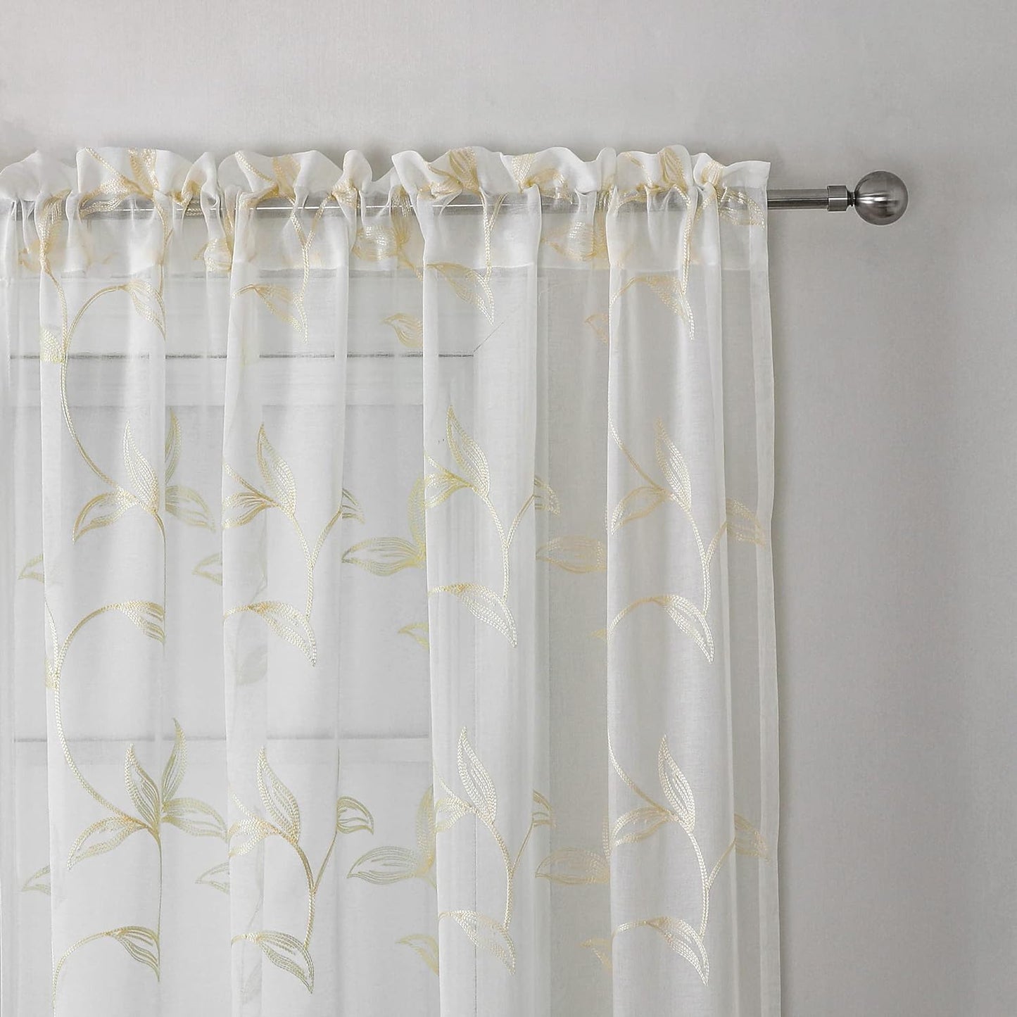 VISIONTEX Sheer Curtains 63 inch Length 2 Panels Set, White Voile Crushed Cream Vine Leaves Embroidery, Rod Pocket Embroidered Window Drapes for Living Room and Bedroom, 54" x 63"