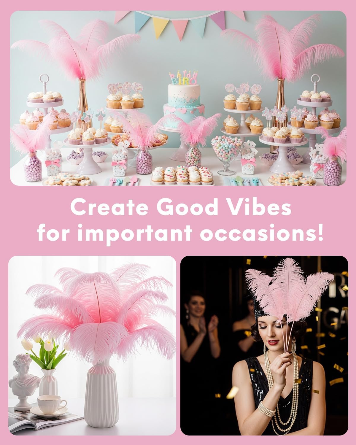 NEWONG 30pcs Light Pink Ostrich Feathers Natural Bulk 11-14inch(28-35cm) Vase Craft Wedding Home Party Centerpieces Christmas Day Decoration