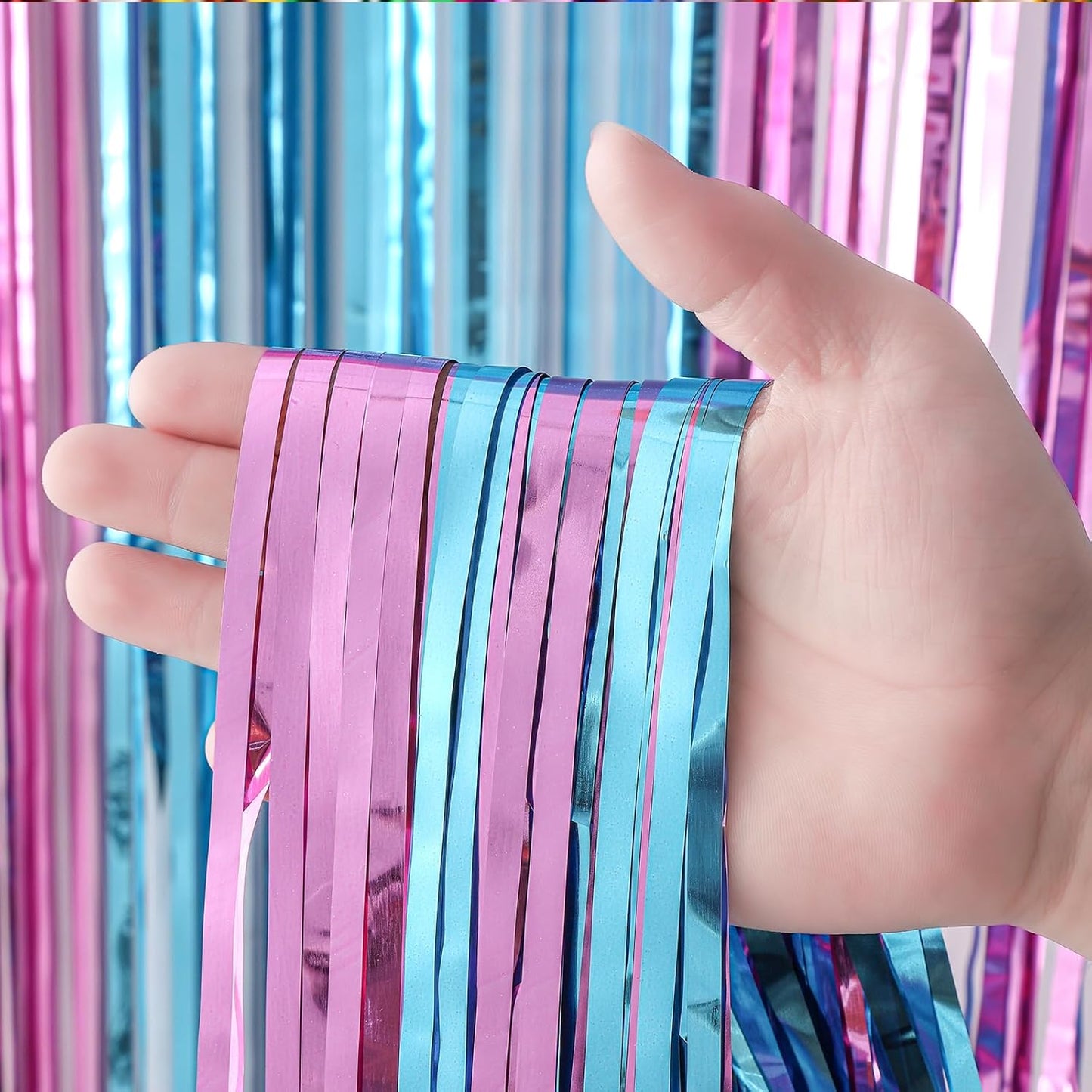 4 Pack 3.3x8.2 Feet Blue and Pink Foil Fringe Backdrop Curtains, Tinsel Streamers Birthday Party Decorations, Fringe Backdrop for Graduation, Baby Shower, Gender Reveal, Disco Party