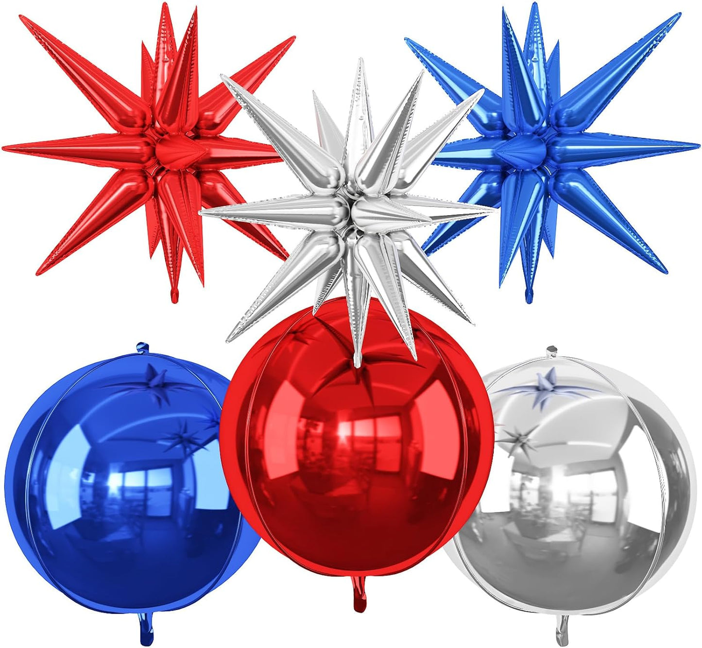 6Pcs Red Blue Silver Foil Balloons,22Inch Blue Red Silver 4D Round Ball Balloon and Explosion Star Balloon for Birthday Wedding Baby Shower Anniversary 4th of July Party Decorations