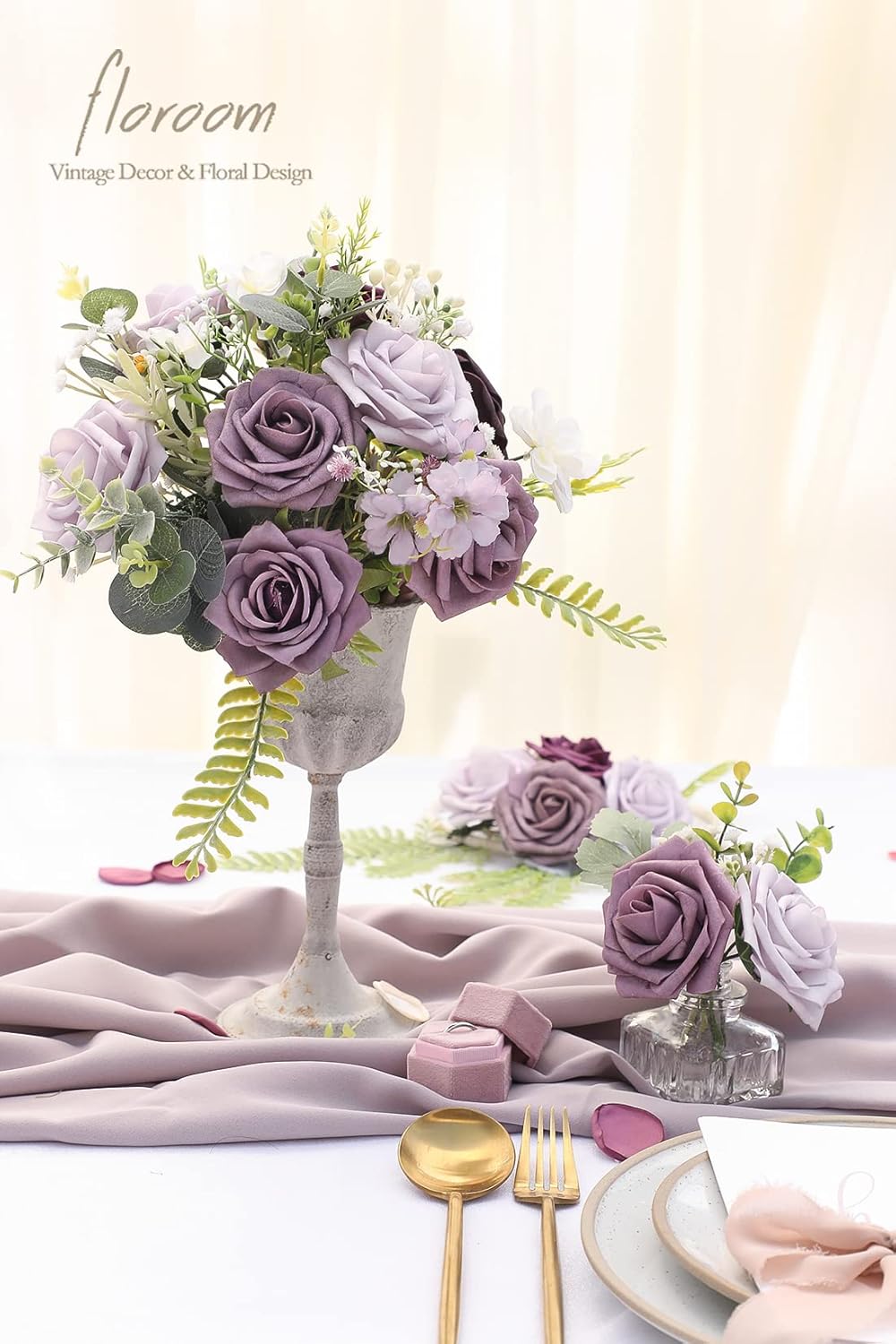 Floroom Artificial Flowers 25pcs Real Looking Plum Ombre Colors Foam Fake Roses with Stems for DIY Wedding Bouquets Bridal Shower Floral Centerpieces Party Tables Home Decorations