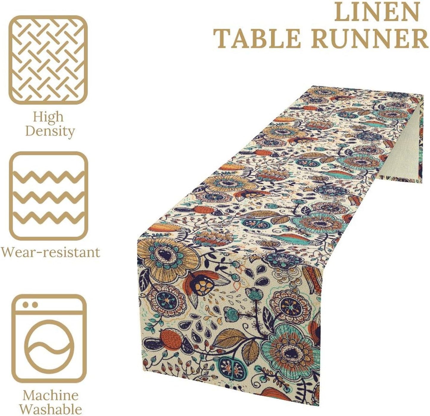 Boho Floral Table Runner,Vintage Flowers Tropical Plants Country Style Table Cloth Kitchen Dining Table Home Party Decoration 13x90 Inch