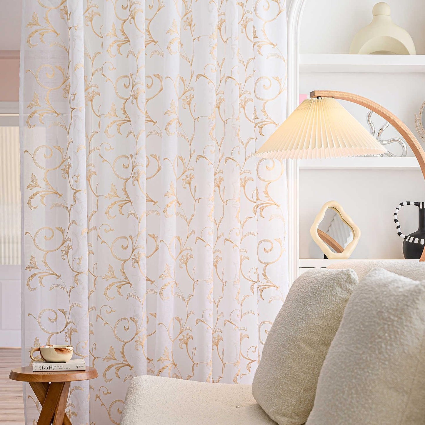 Sheer Curtains White-Beige 95 Inch Length, Boho Farmhouse Curtains for Bedroom Rod Pocket Vintage Farmhouse Drapes with Scroll Floral Patterned for Living Room, 84 Inch Curtains 2 Panel set, 52"x 95".