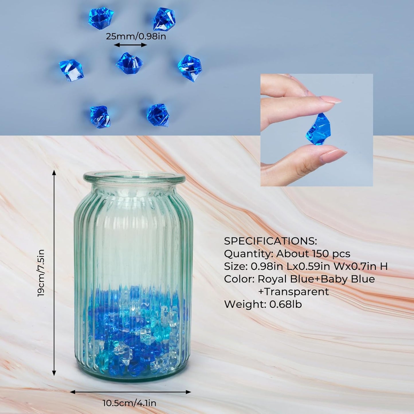 Acrylic Crushed Ice Rocks, Babenest 150 PCS Fake Crystals Plastic Ice Cubes Diamonds Gems for Vase Fillers, Home Decoration, Table Scatter, Event, Wedding, Arts & Crafts (Clear/Rpyal Blue/Baby Blue)