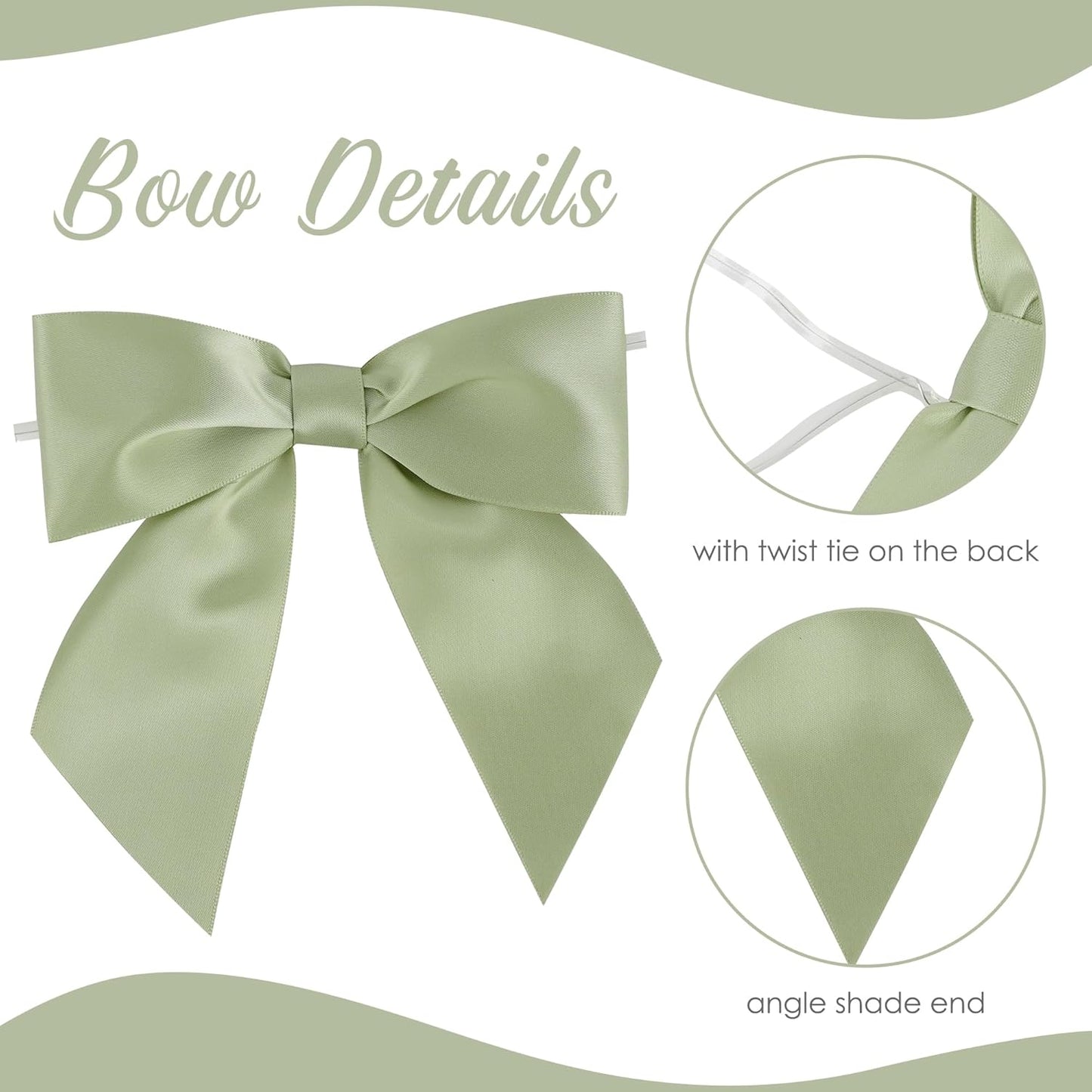 AIMUDI Sage Green Satin Bows 5.5" Bows for Gift Wrapping Satin Twist Tie Bows Premade Ribbon Bows for Treat Bags Invitations Baskets Wreaths Crafts Wedding Birthday Baby Shower Decorations, 24 PCs