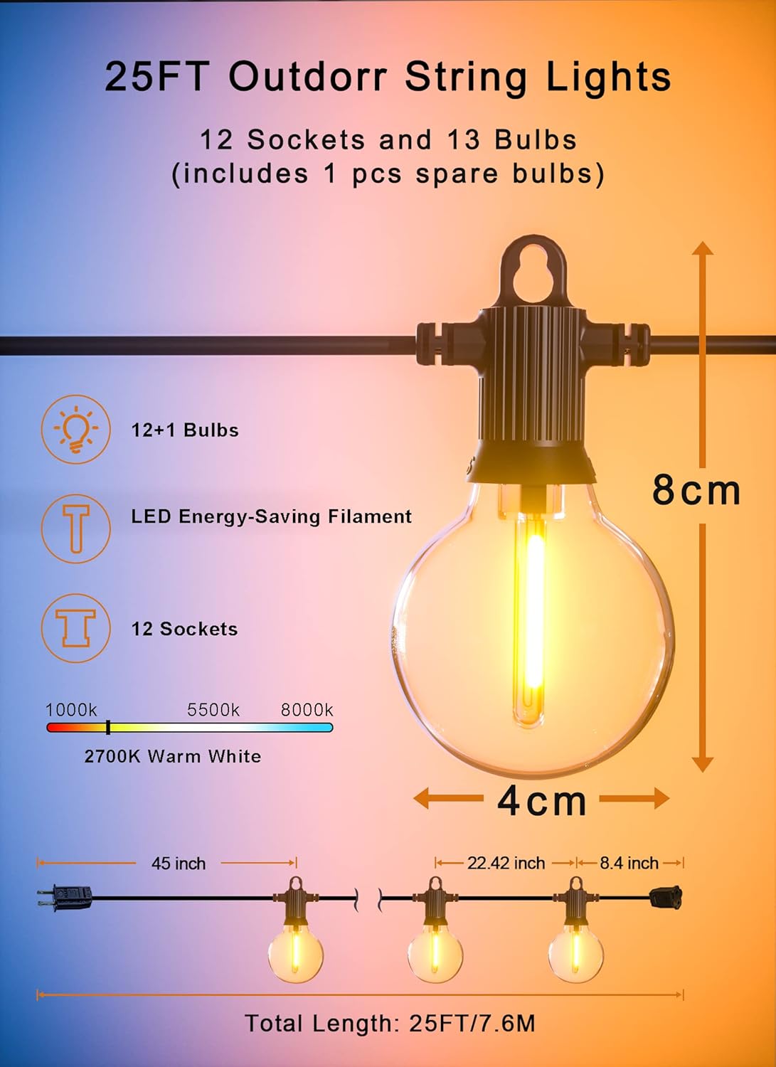 Outdoor String Lights, 25FT Patio Lights with 13 Shatterproof G40 Globe Bulb(1 Spare), Waterproof Connectable Dimmable LED Hanging String Lights for Outside Backyard Porch Balcony, 2700K