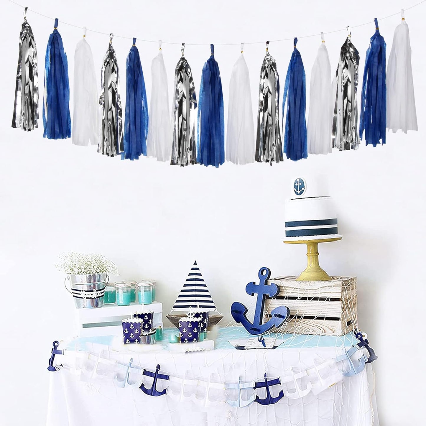 Navy-Blue White-Silver Tassel Garland Streamers - 15pcs Party Decorations Tissue Paper Tassels Banner,Graduation 2025 Wedding Baby Bridal Shower Hanging Decoration Boy Birthday Backdrop Decor Panduola