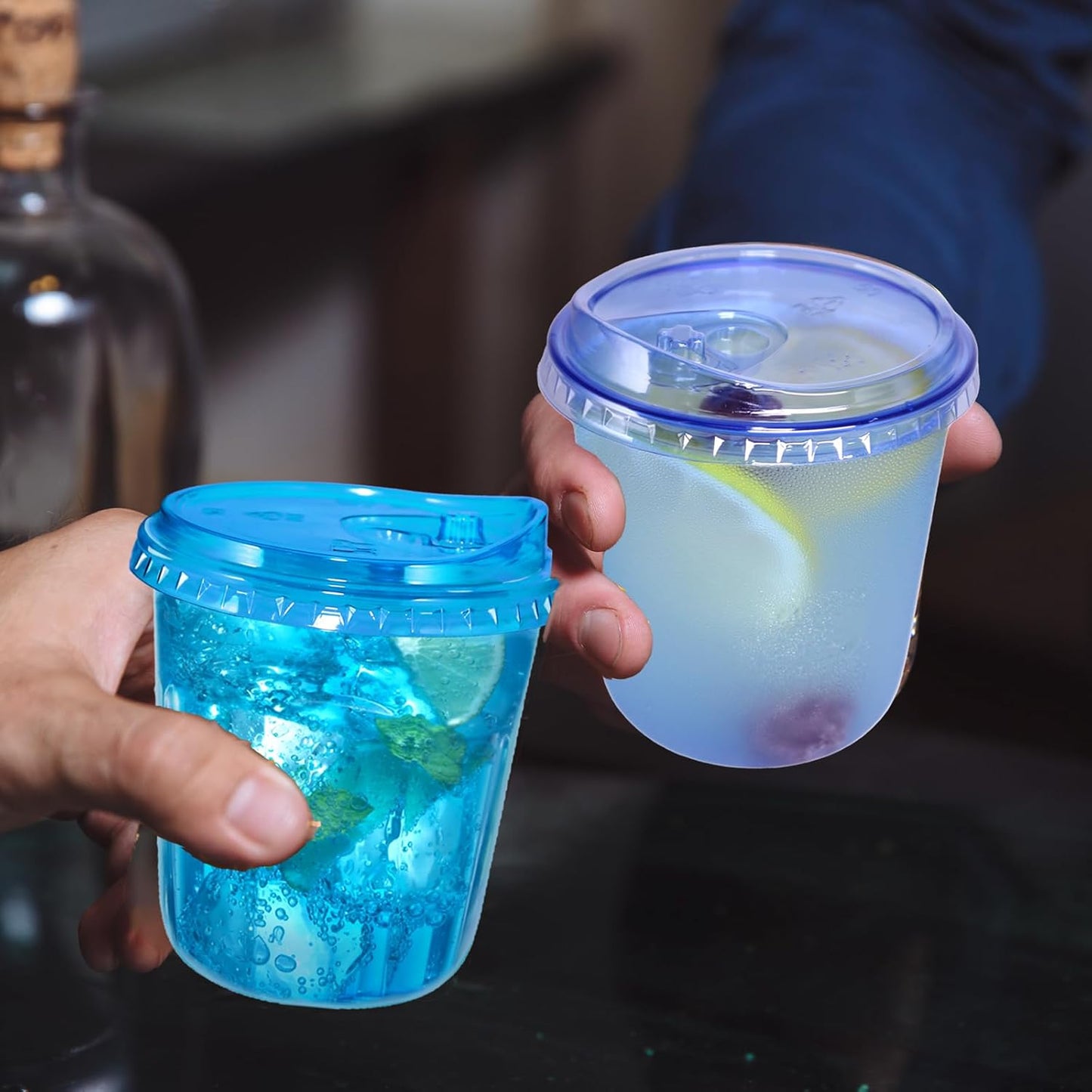 12oz Disposable Stemless Glasses With Strawless Sip Lids,PET Disposable Drinking Cups,Clear Plastic Wine Glasses for Parties Birthday,Wedding,Meeting,Christmas Party Supplies. (100, Blue)