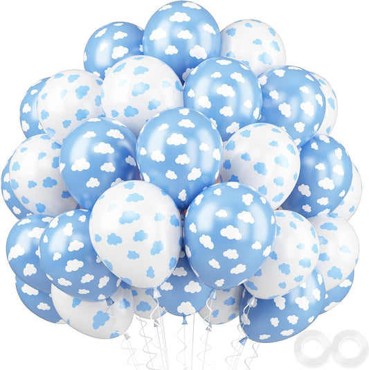 Cloud Balloons, 52 PCS 12 Inch Blue White Balloons With Clouds Print for Birthday, Baby Shower, Cloud Themed Party Decorations Supplies