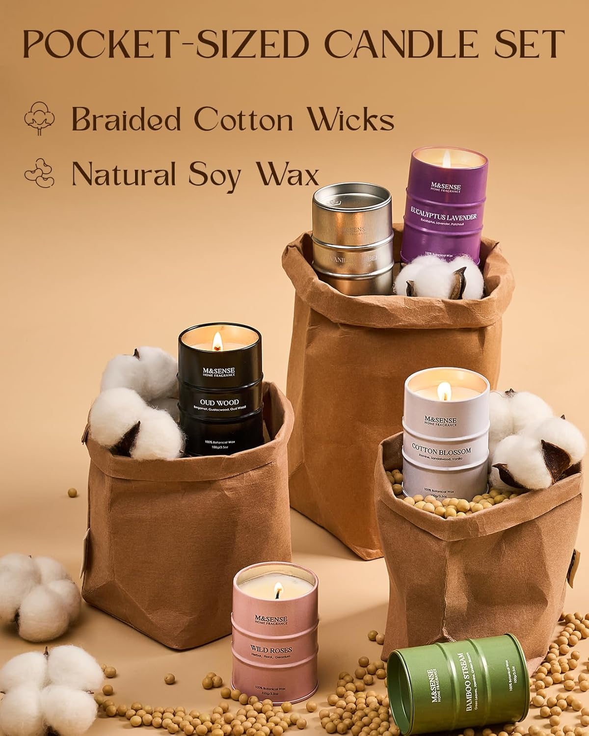 Fall Candle Gift Set | Mini Scented Candles Set | 6 Pack Candles for Home Scented,Oud Wood,Cotton Blossom,Vanilla Amber,Bamboo Rose Lavender Candle,Gift Set for Women and Men,Soy Wax 21 oz 105 Hour