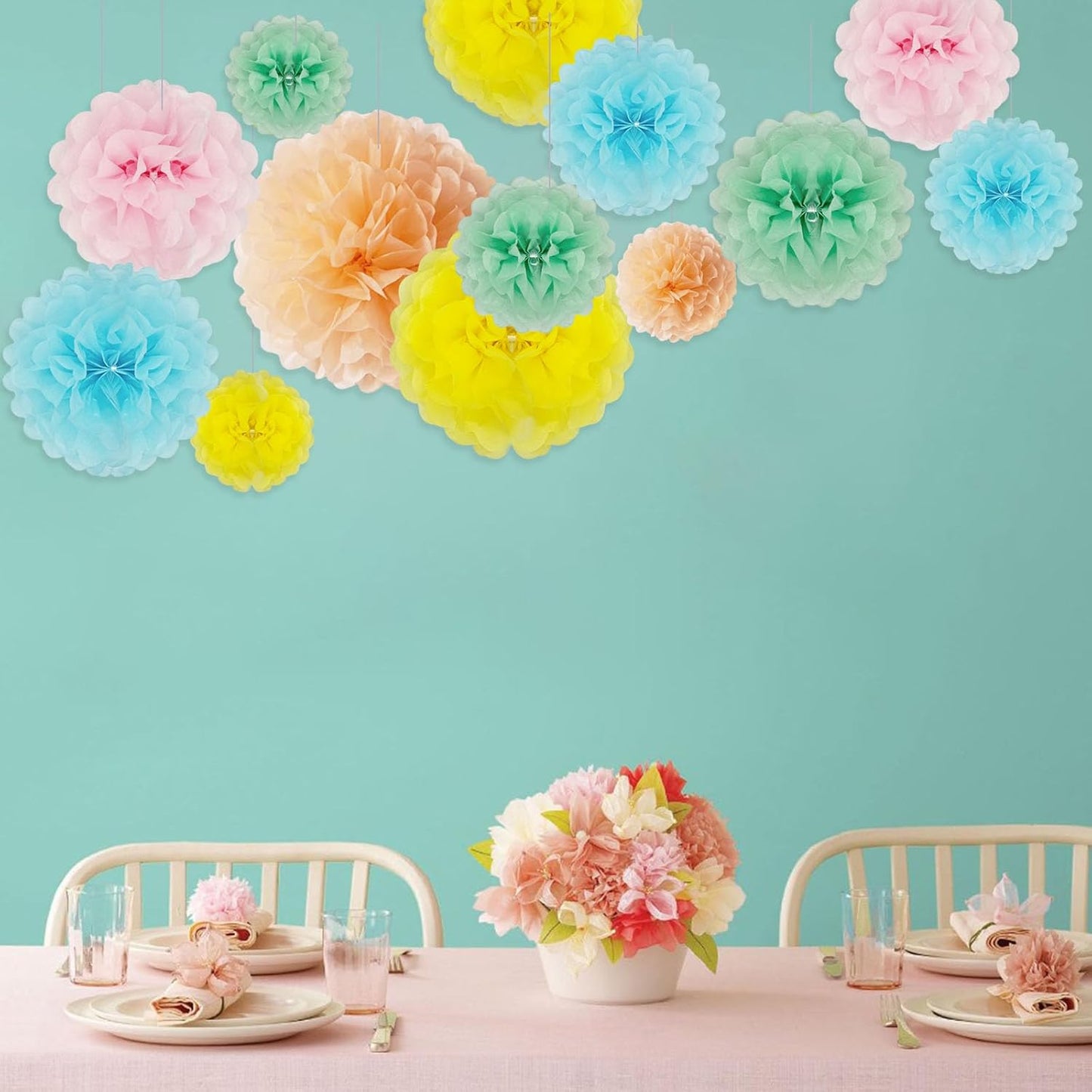 Tissue Paper Pom Poms, Light Colorful Tissue Paper Flowers, Hanging Flower Balls for Easter Weddings Fiesta Parties Birthday Baby Showers Classroom Decoration (20Piece Set-6/10/12/14Inch)
