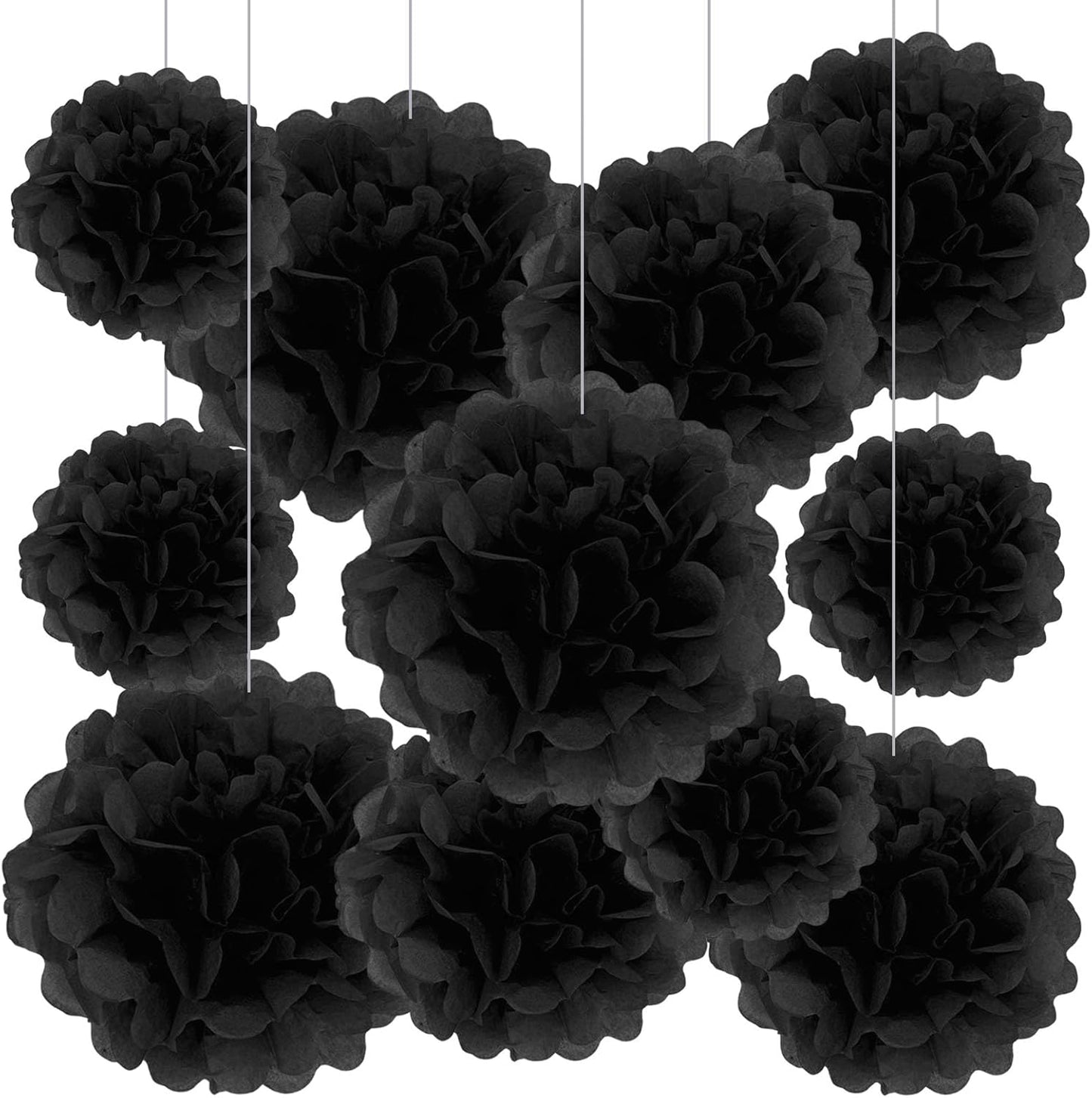 Tissue Paper Pom Poms, Black Tissue Paper Flowers, Hanging Flower Balls for Weddings Fiesta Parties Birthday Baby Showers Classroom Bridal Shower Decoration (20Piece Set-6/10/12/14Inch)