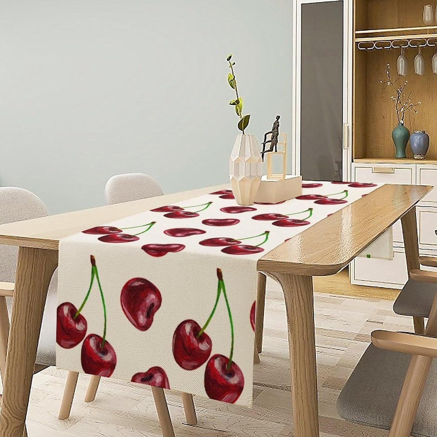 Red Cherry Table Runner Watercolor Spring Summer Wild Berry Tropical Fruit Theme Dinner Runner for Girl Baby Shower Party Holiday Home Kitchen Dining Table Decor 13x60