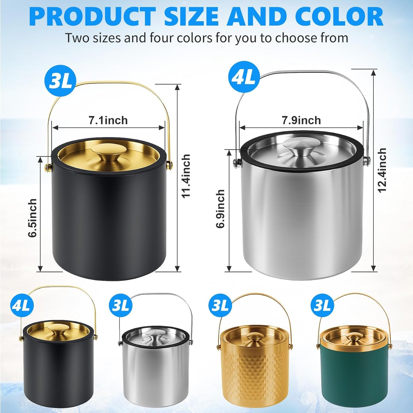 Ice Bucket, Ice Bucket with Silicone Sealing Ring Double-Wall Vacuum Insulation Champagne Buckets with Filter Layer Ice Tongs Ice Scoop (Silver, 4 L)