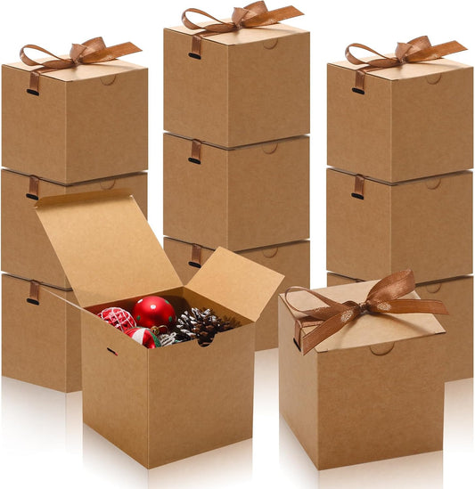 DOYIDE Small Gift Boxes, 20 Pack 5x5x5 Inch Brown Elegant Paper Boxes with Ribbons, Crafting, Christmas Gift Box Wedding Party Favor, Cupcake, Candy, Bridesmaids Proposal Box