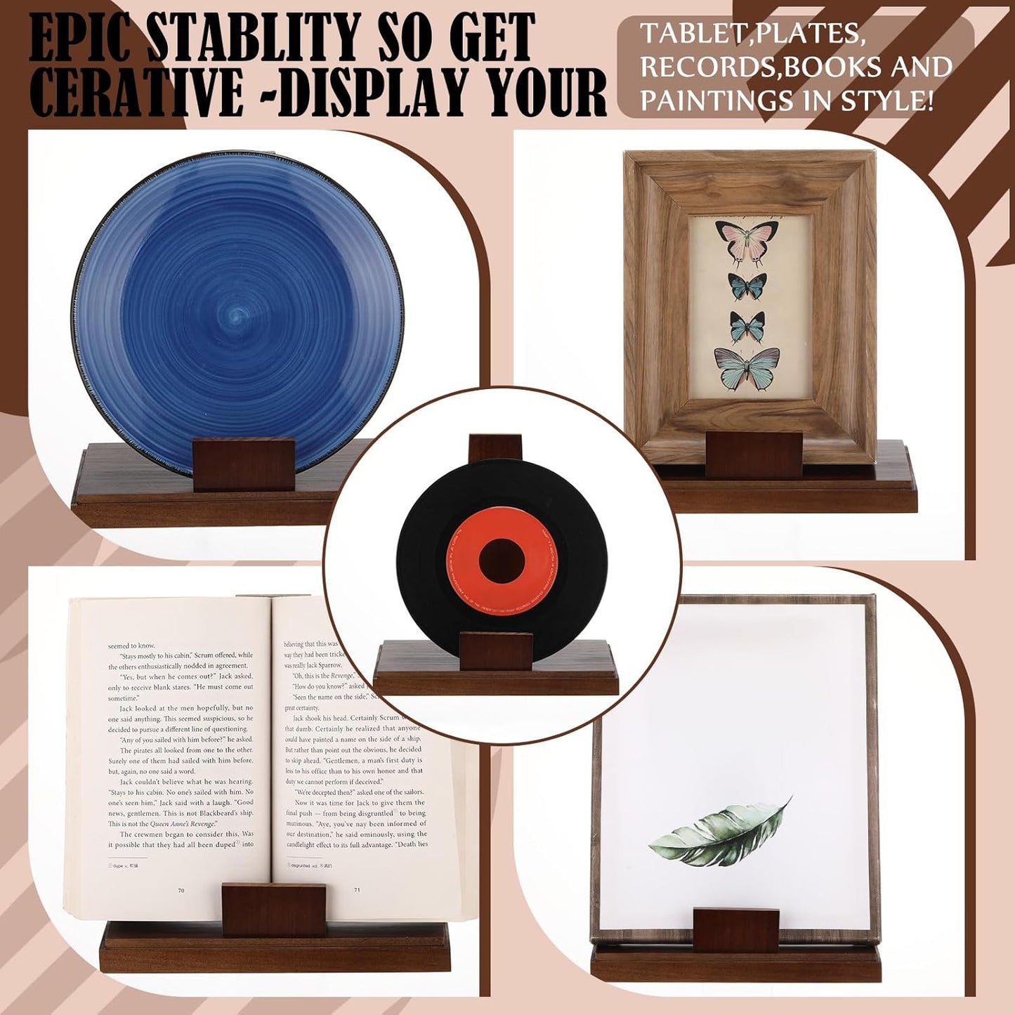 Weysat Wooden Plate Stand for Display 8 Inch Plate Postcard Picture Frame Book Display Stand with Square Block Base Home Office Decorative Table Top Easels