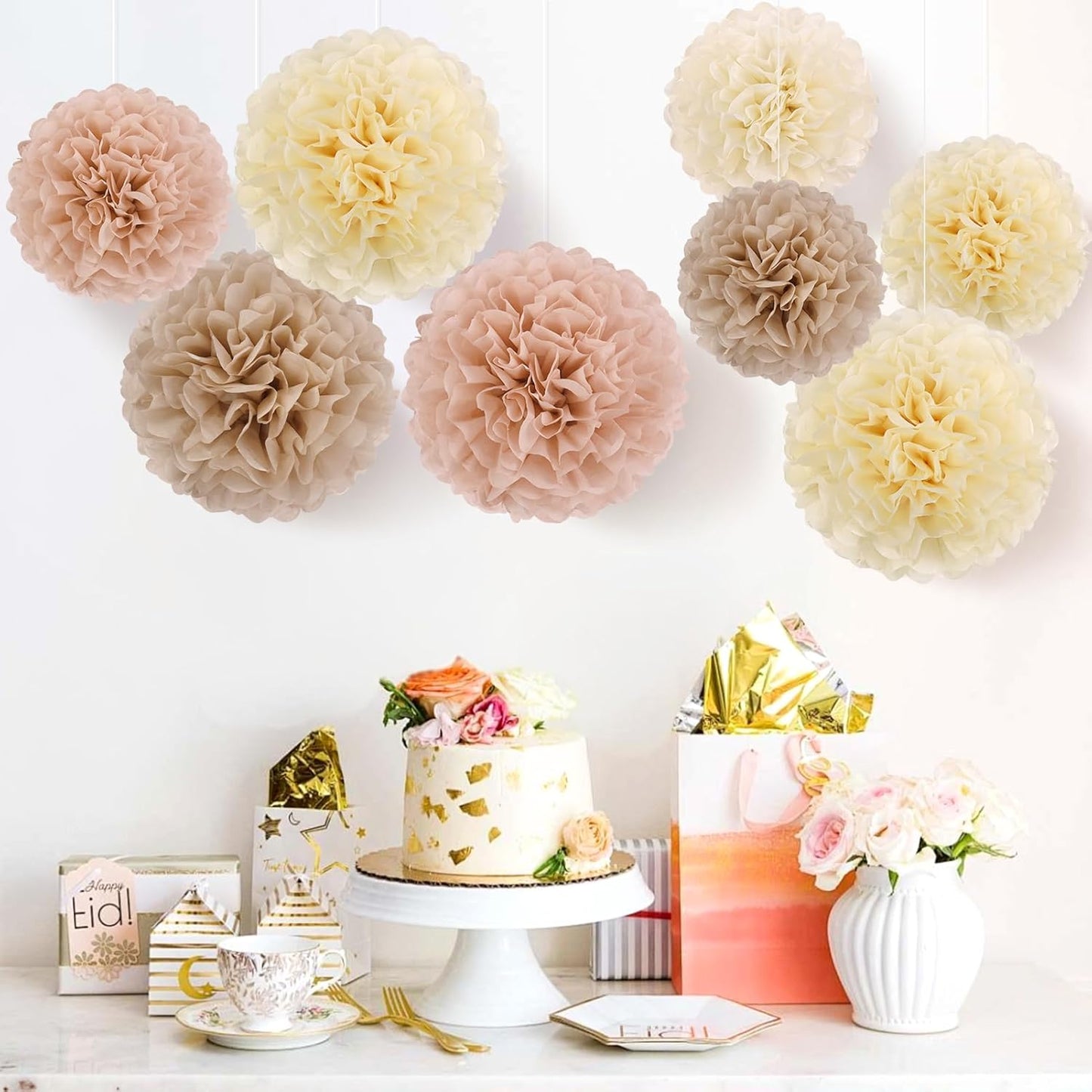 EASY JOY Boho Tissue Pom Poms Paper Flowers Hanging Decorations Brown Beige Party Decor for Bridal Shower Decorations Autumn Home Decor Baby Shower Wedding Nursery Birthday Backdrop 15PCS