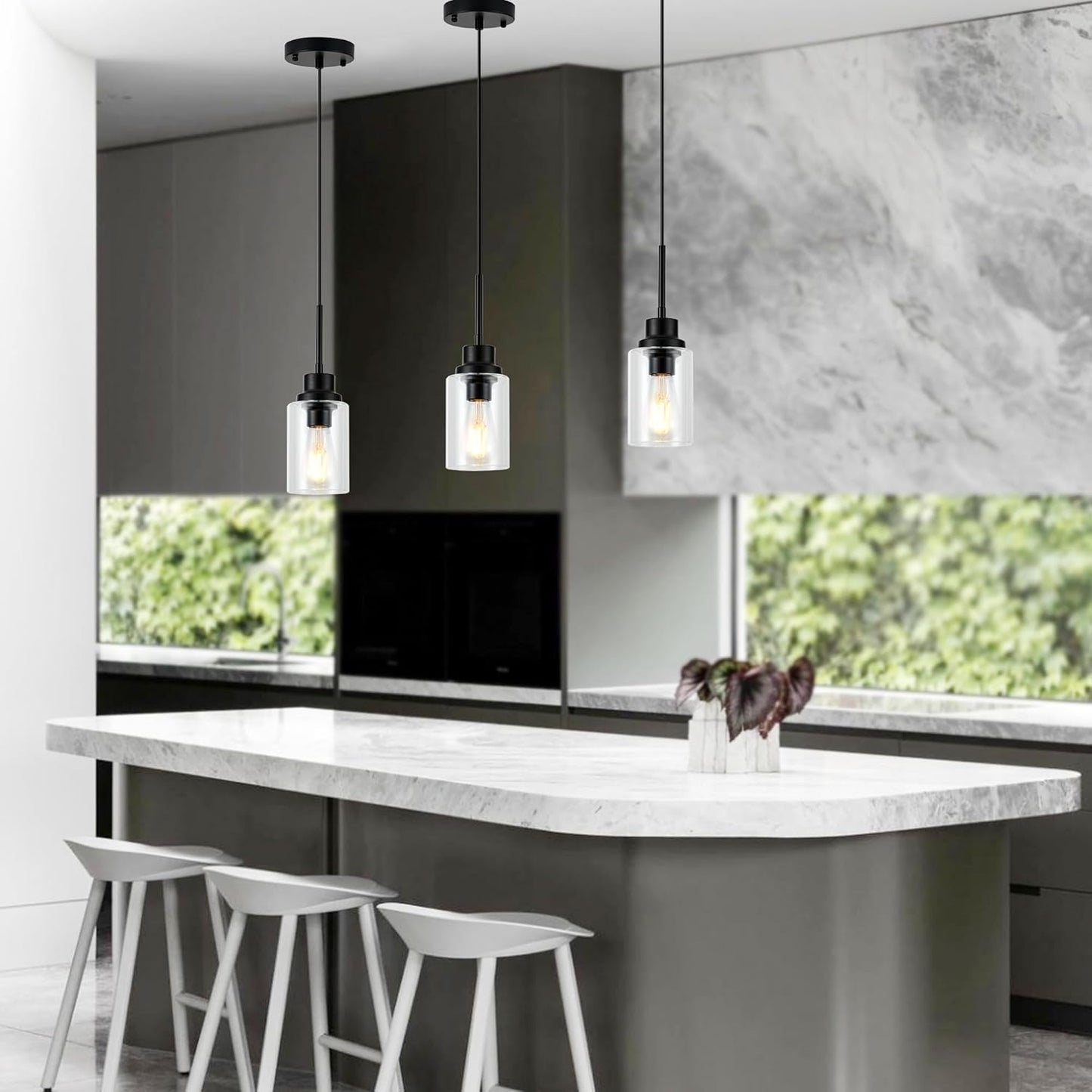 Island Lights for Kitchen,Modern Black Farmhouse Clear Glass Cylinder Pendant Light Fixture,Mini Pendant Lighting for Kitchen Island