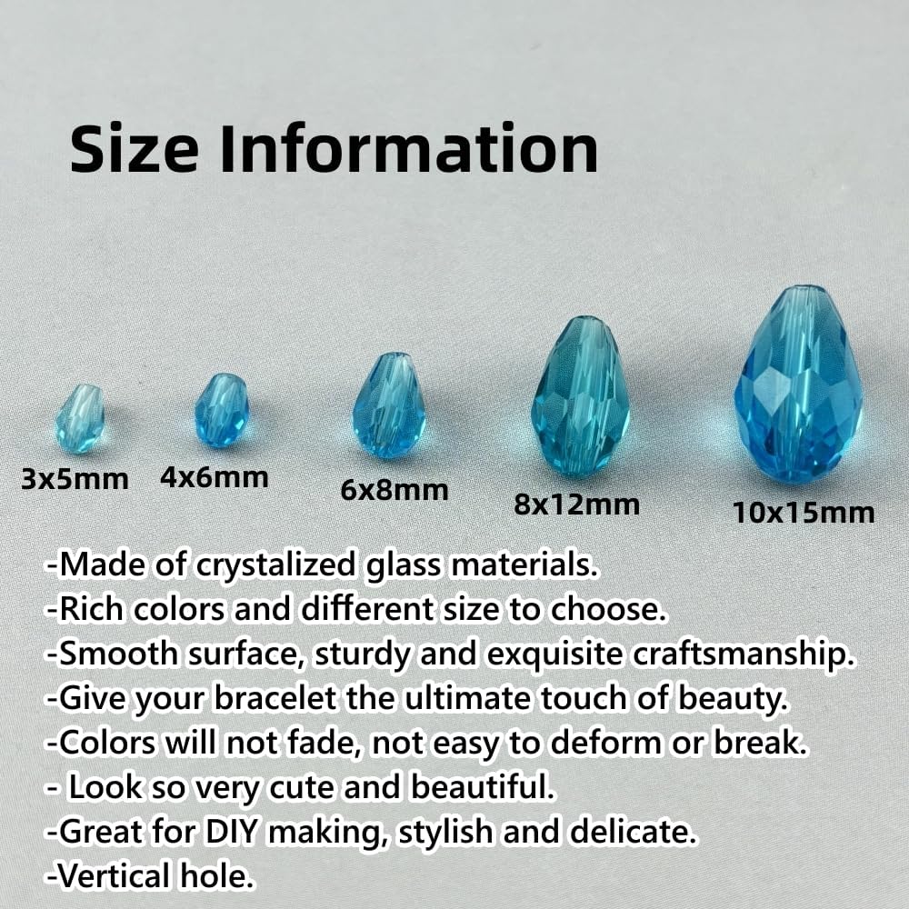 150pcs 4x6mm Teardrop Crystal Glass Beads for Jewelry Making, Faceted Vertical Hole Teardrop Glass Spacer Beads for Wind Chimes Bracelet Earring Necklace DIY Craft(Lake Blue)