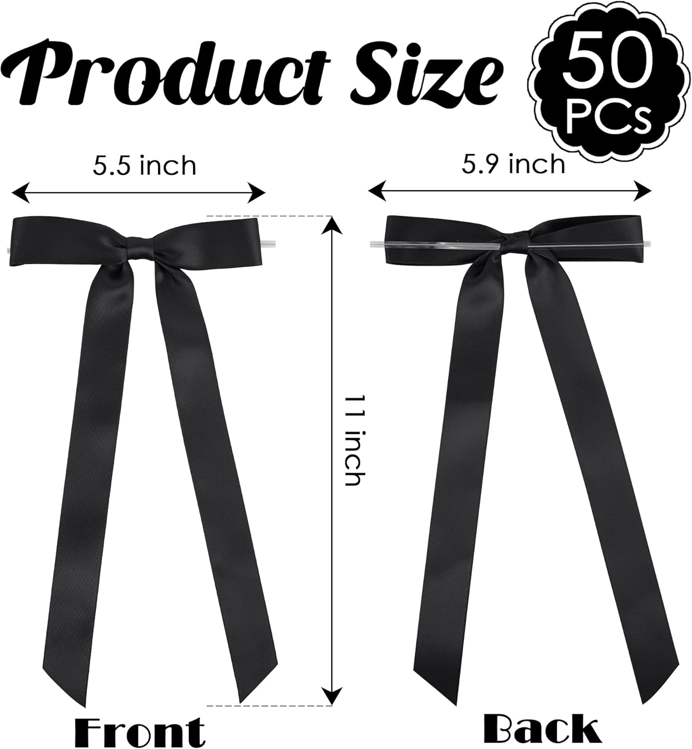 50 PCs Black Bow Decor 5.5'' Satin Bows with Long Tail, Twist Tie Bows for Craft, Packaging Ribbon Bows, Premade Bows for Cake Decorating, Gift Bows for Treat, Wedding Favor, Party
