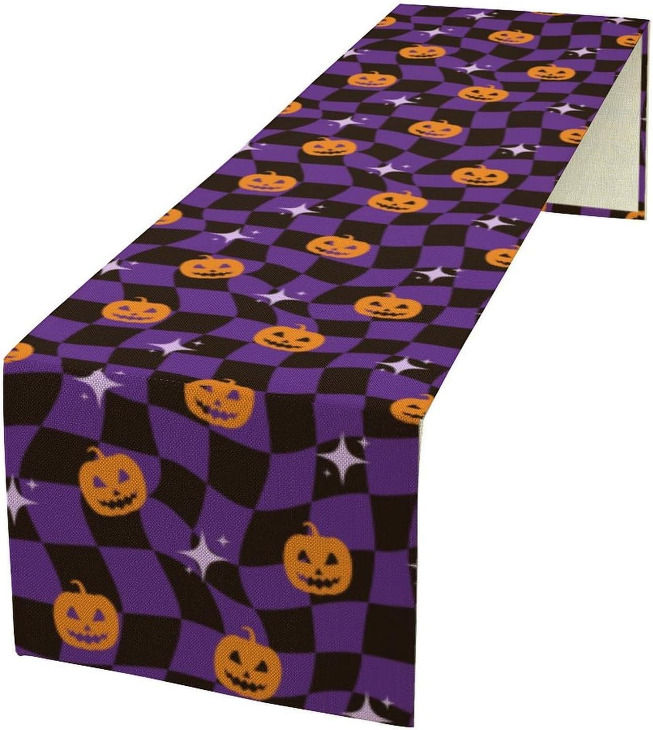 Halloween Table Runner,Purple Checkered Pumpkin Table Runner for Kitchen Dining Table Decoration Home Party Decor 13x60 Inch