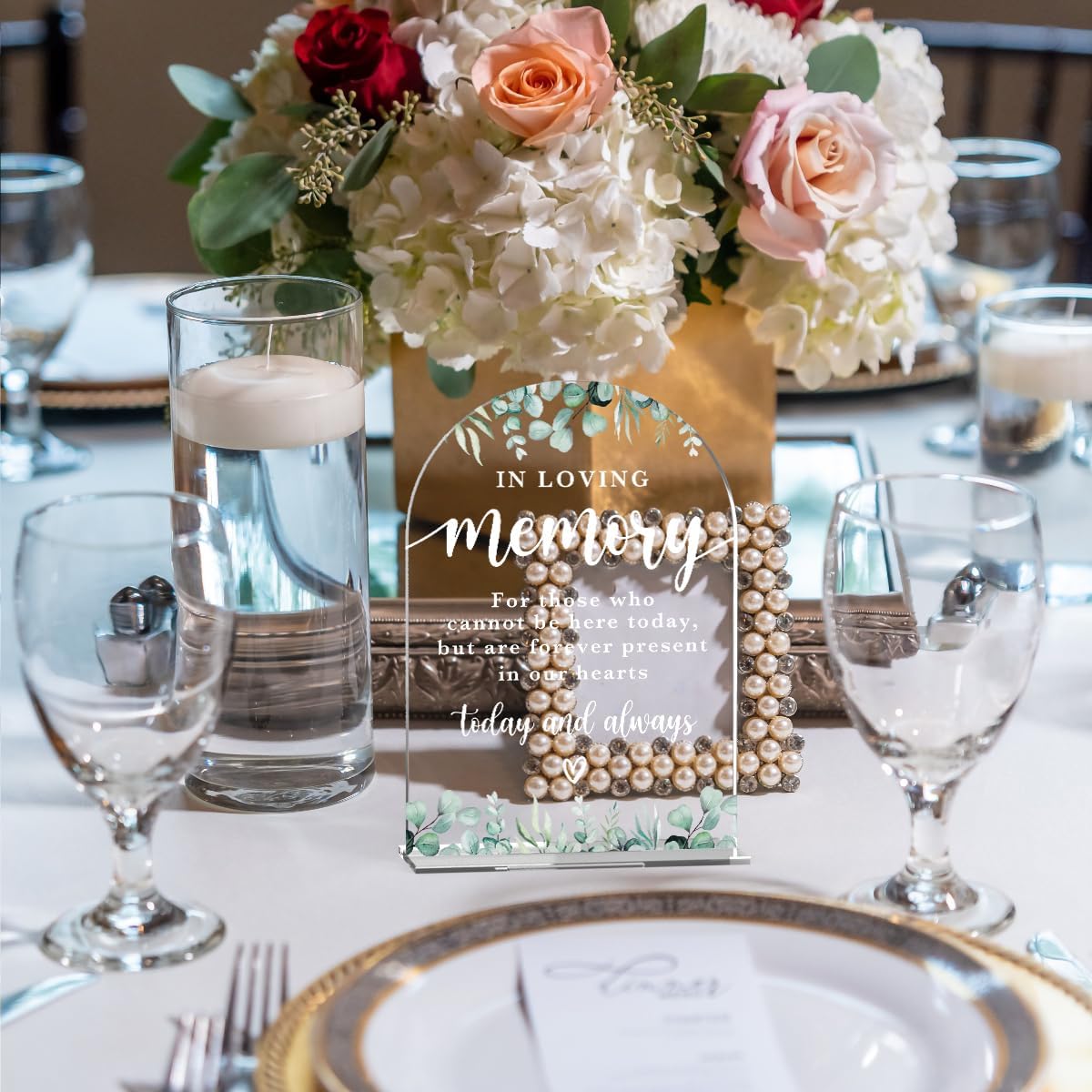 In Loving Memory Acrylic Wedding Sign Memory Table Sign Modern Calligraphy Arch Acrylic Table Top Signs for Wedding Reception and Event Party Decor (Eucalyptus Leaves)