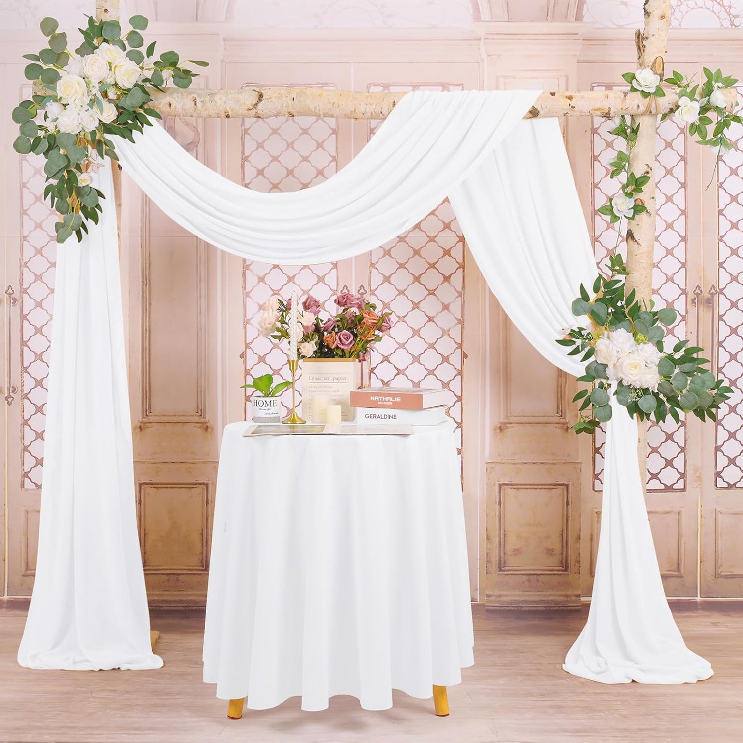 4 Panels White Polyester Wedding Arch Draping Fabric, 28x20 feet Each, Sheer Chiffon Curtain Arbor Drapery Ceiling Drapes for Party Decor